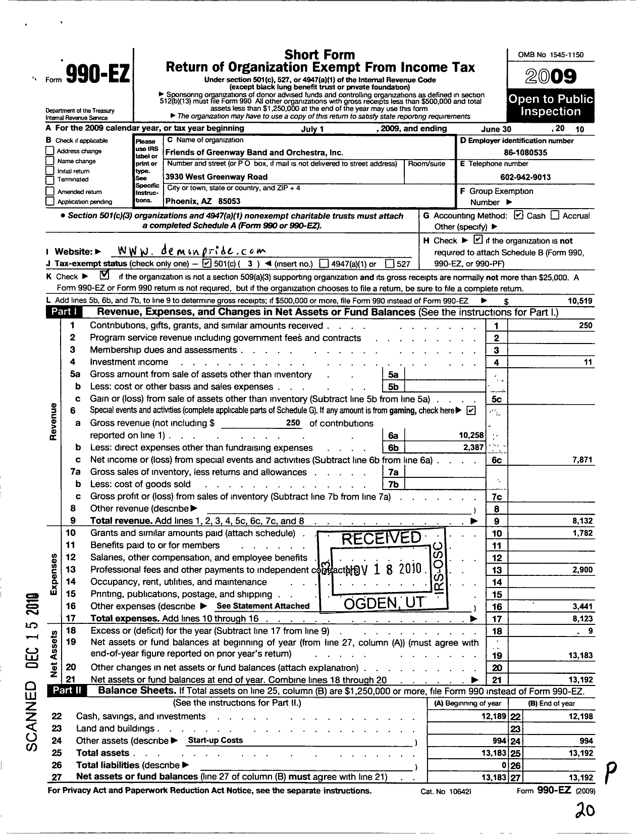 Image of first page of 2009 Form 990EZ for Friends of Greenway Band and Orchestra