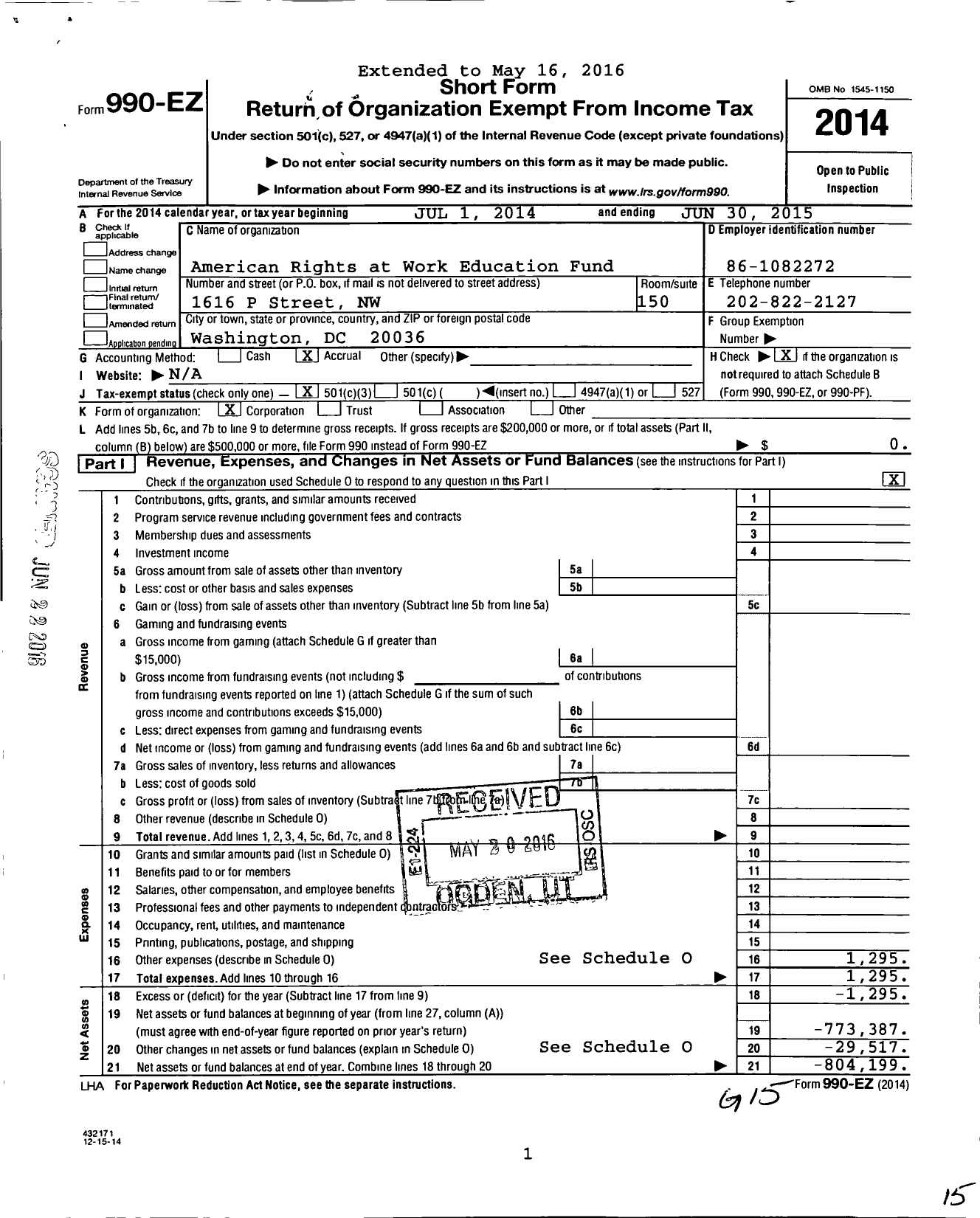 Image of first page of 2014 Form 990EZ for American Rights at Work Education Fund