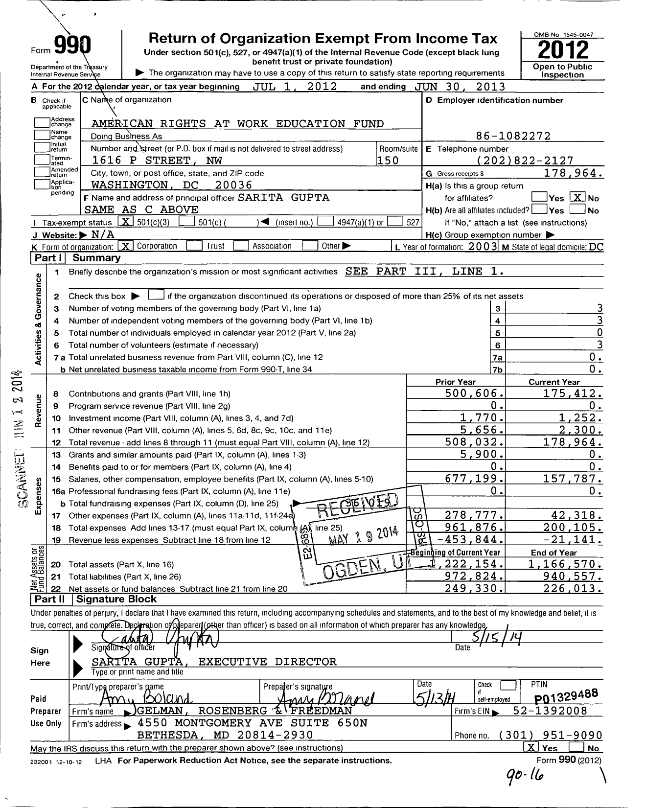 Image of first page of 2012 Form 990 for American Rights at Work Education Fund