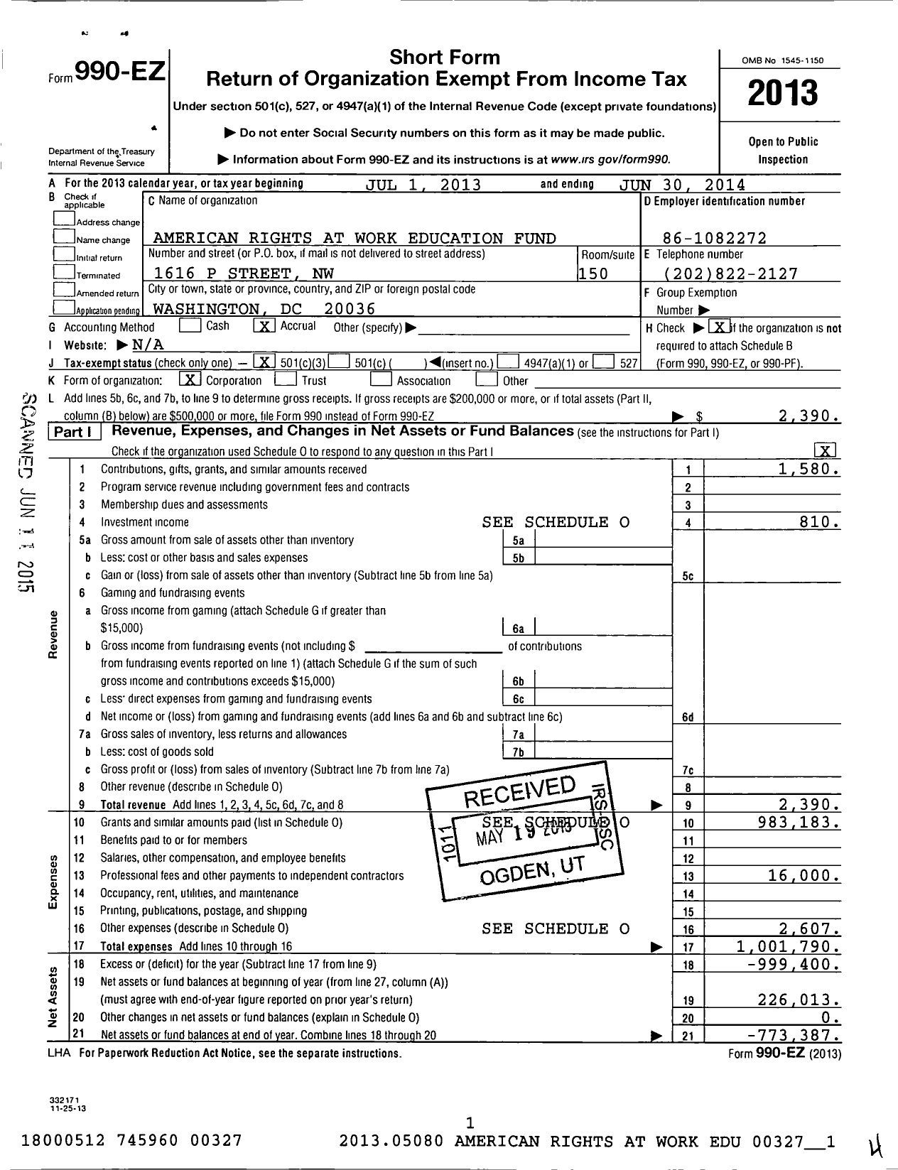 Image of first page of 2013 Form 990EZ for American Rights at Work Education Fund