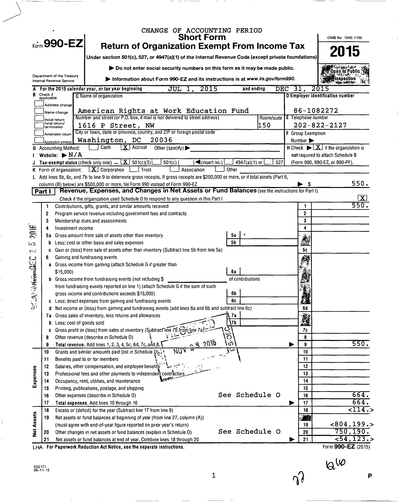 Image of first page of 2015 Form 990EZ for American Rights at Work Education Fund