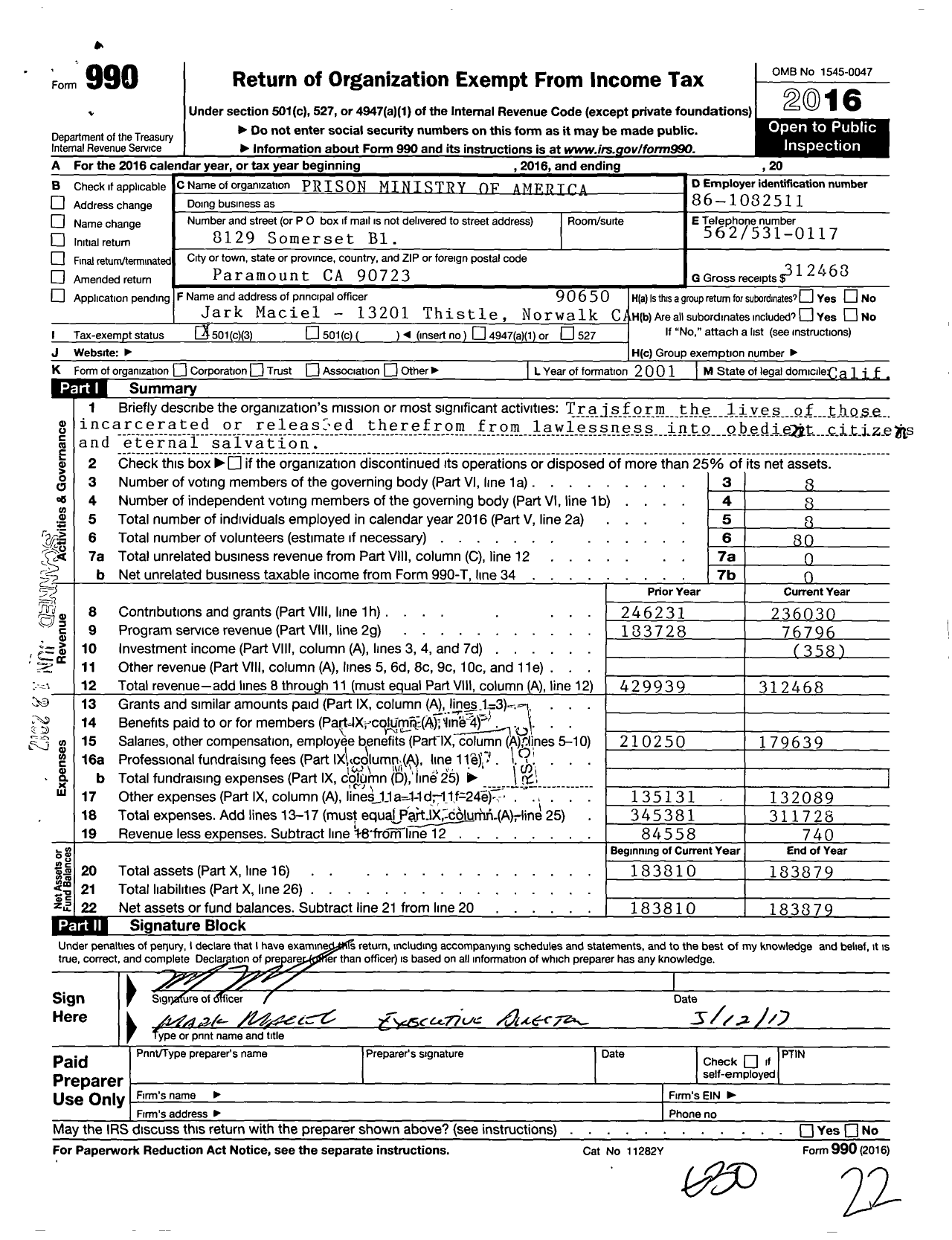 Image of first page of 2016 Form 990 for Prison Ministry of America (PMA)