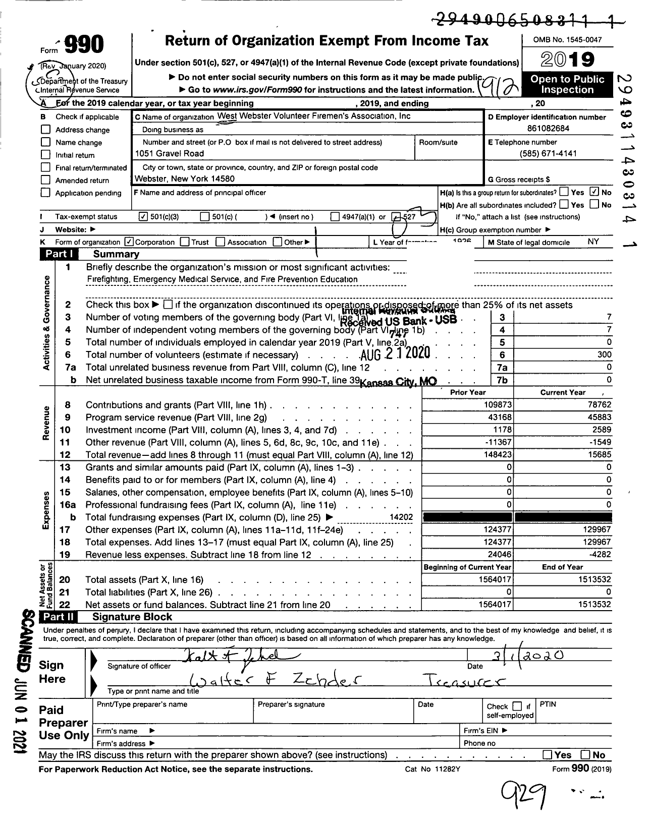 Image of first page of 2019 Form 990 for West Webster Volunteer Firemens Association