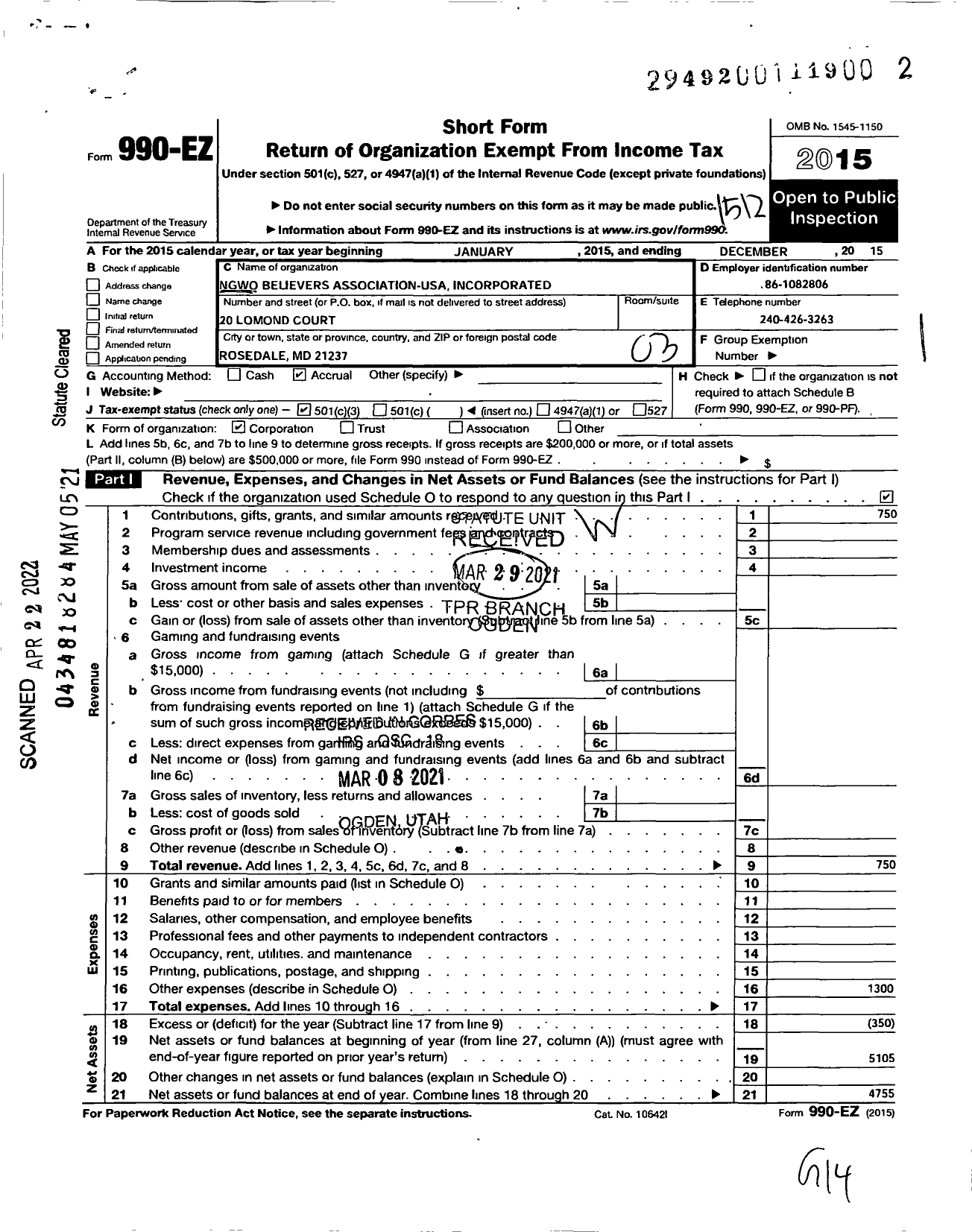 Image of first page of 2015 Form 990EZ for Ngwo Believers Association-Usa