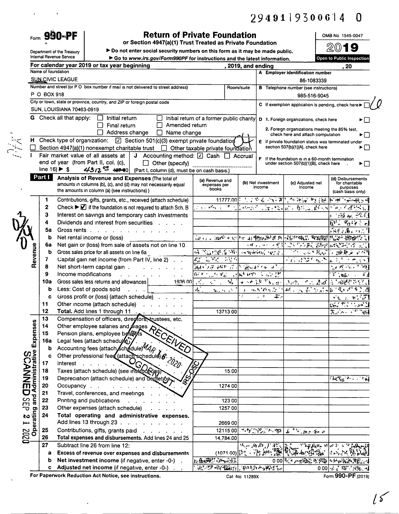 Image of first page of 2019 Form 990PR for Sun Civic League