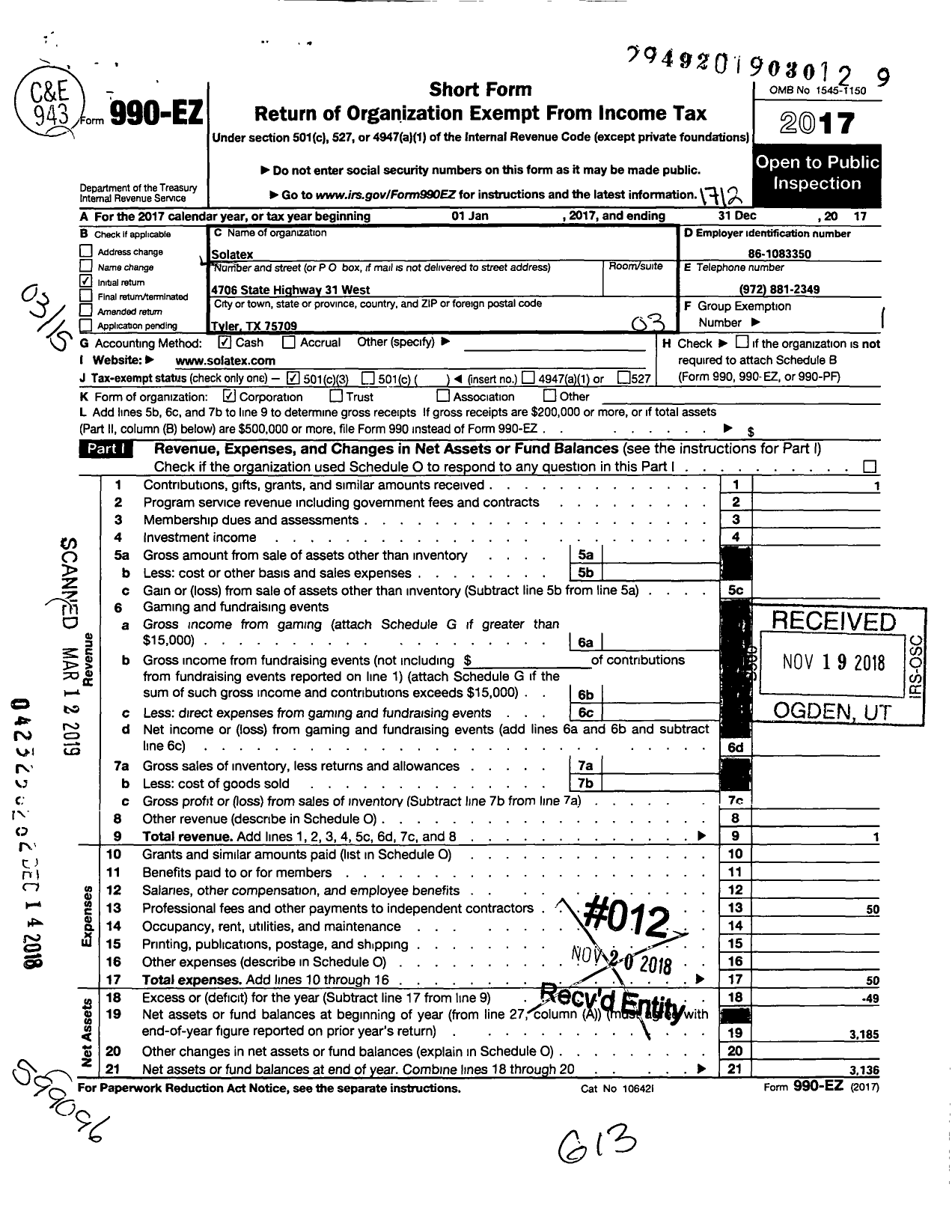 Image of first page of 2017 Form 990EZ for Solatex