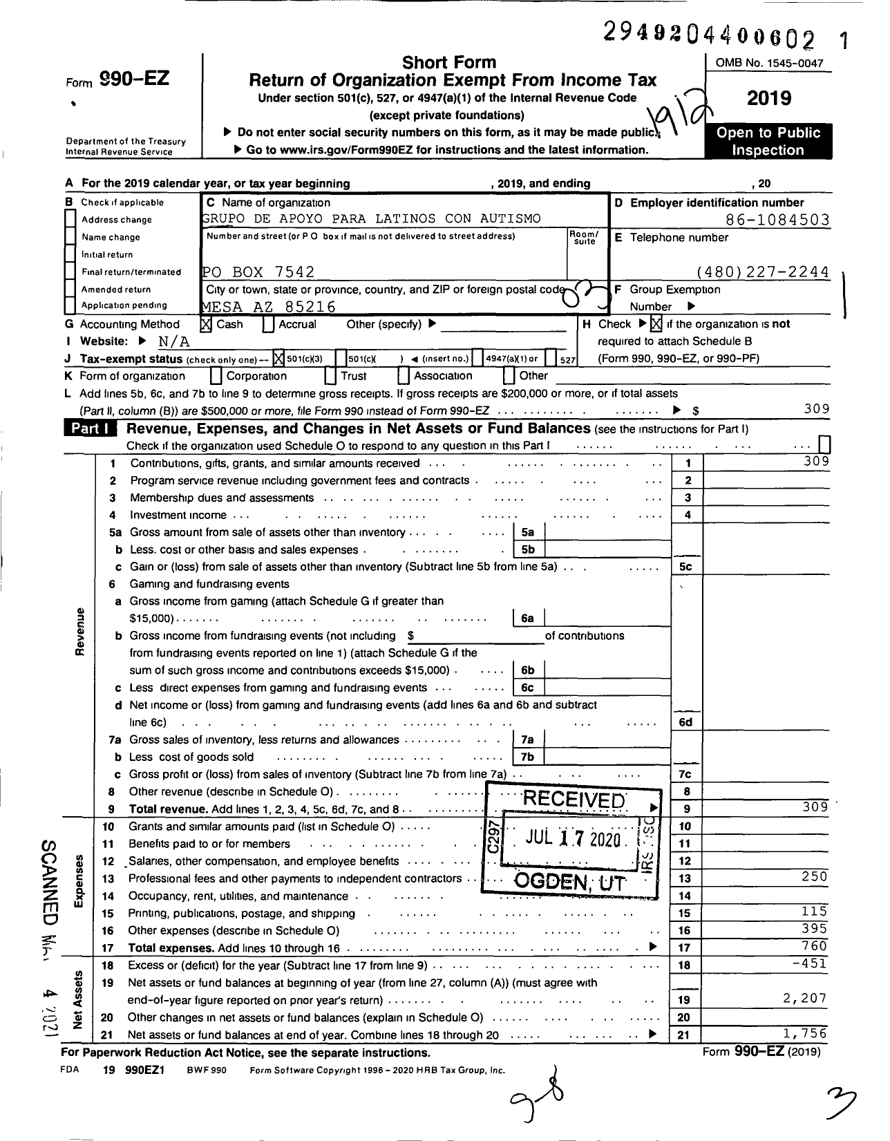 Image of first page of 2019 Form 990EZ for Grupo de Apoyo Para Latinos Con Autismo