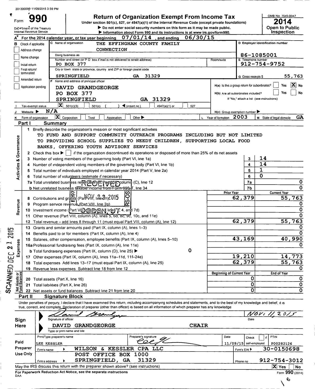 Image of first page of 2014 Form 990 for Effingham County Family Connection Commission