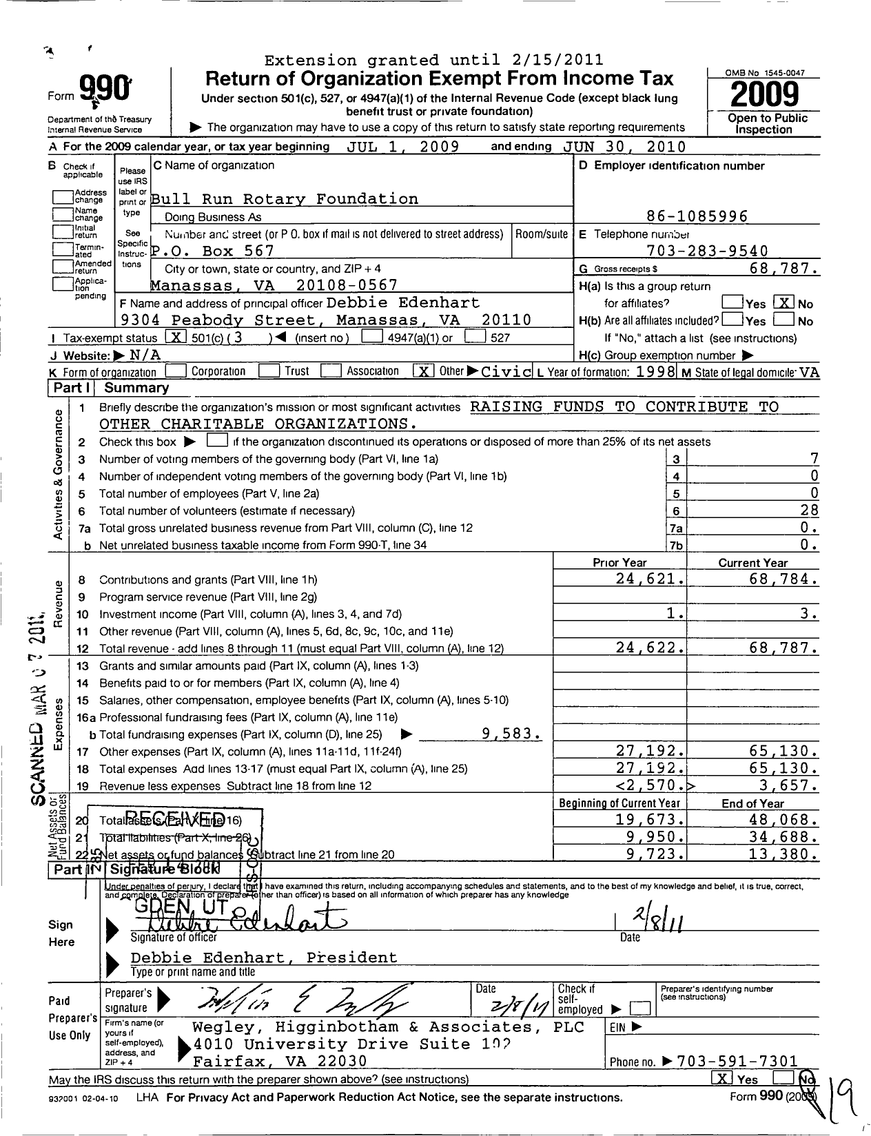 Image of first page of 2009 Form 990 for Bull Run Rotary Foundation