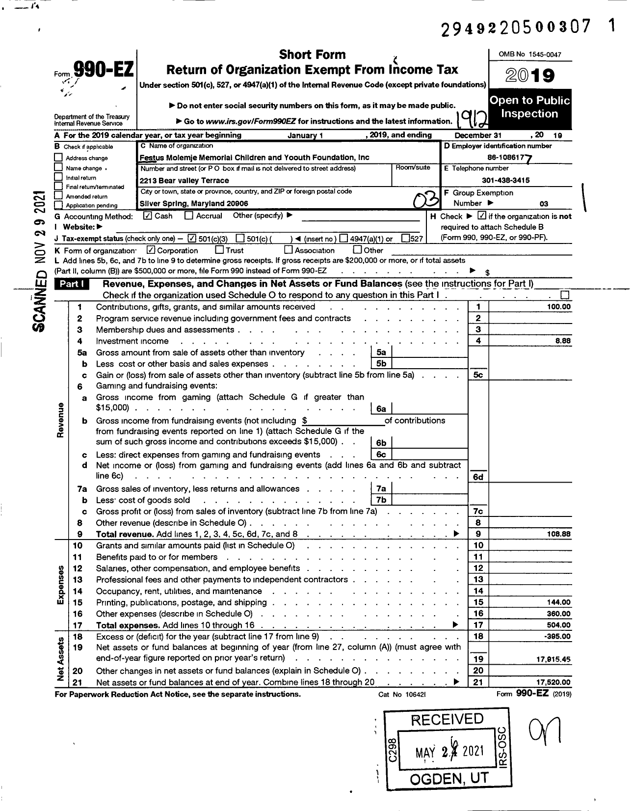 Image of first page of 2019 Form 990EZ for Festus Molenje Memorial Children and Youth Foundation