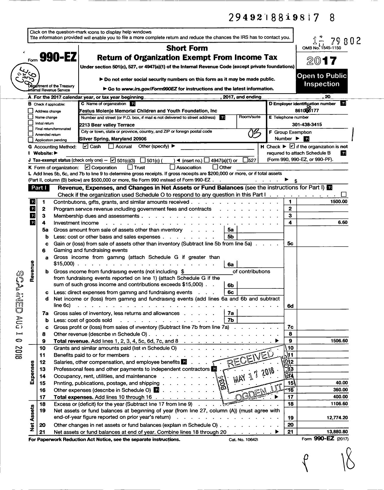 Image of first page of 2017 Form 990EZ for Festus Molenje Memorial Children and Youth Foundation