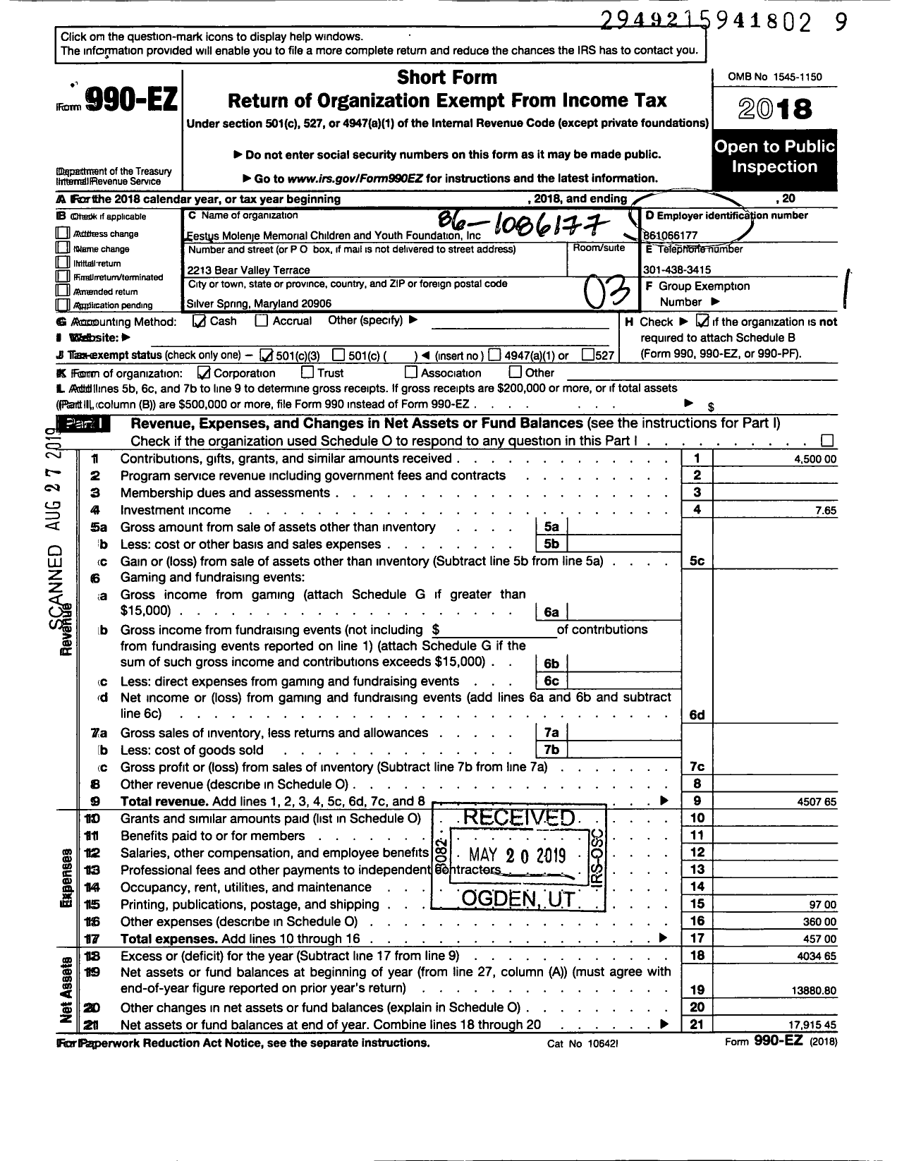 Image of first page of 2018 Form 990EZ for Festus Molenje Memorial Children and Youth Foundation