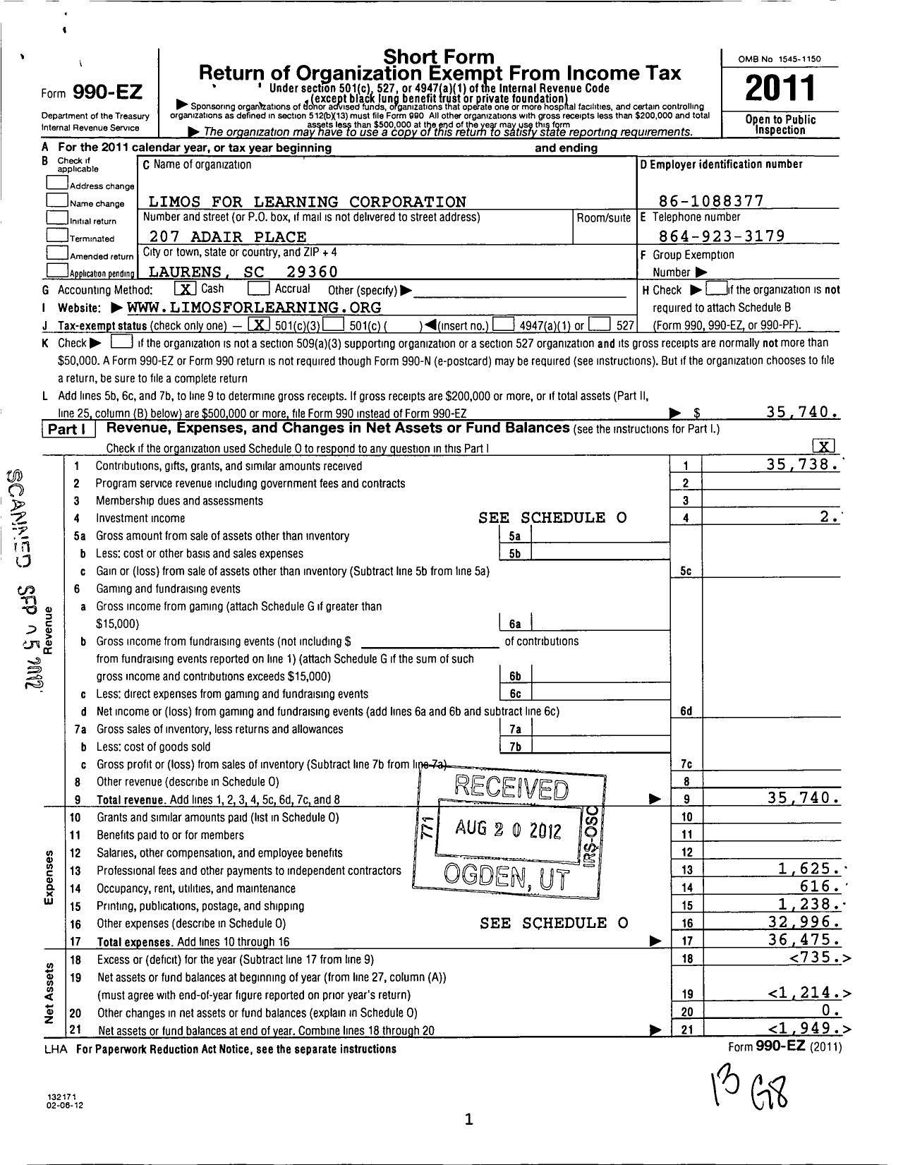 Image of first page of 2011 Form 990EZ for Limos for Learning