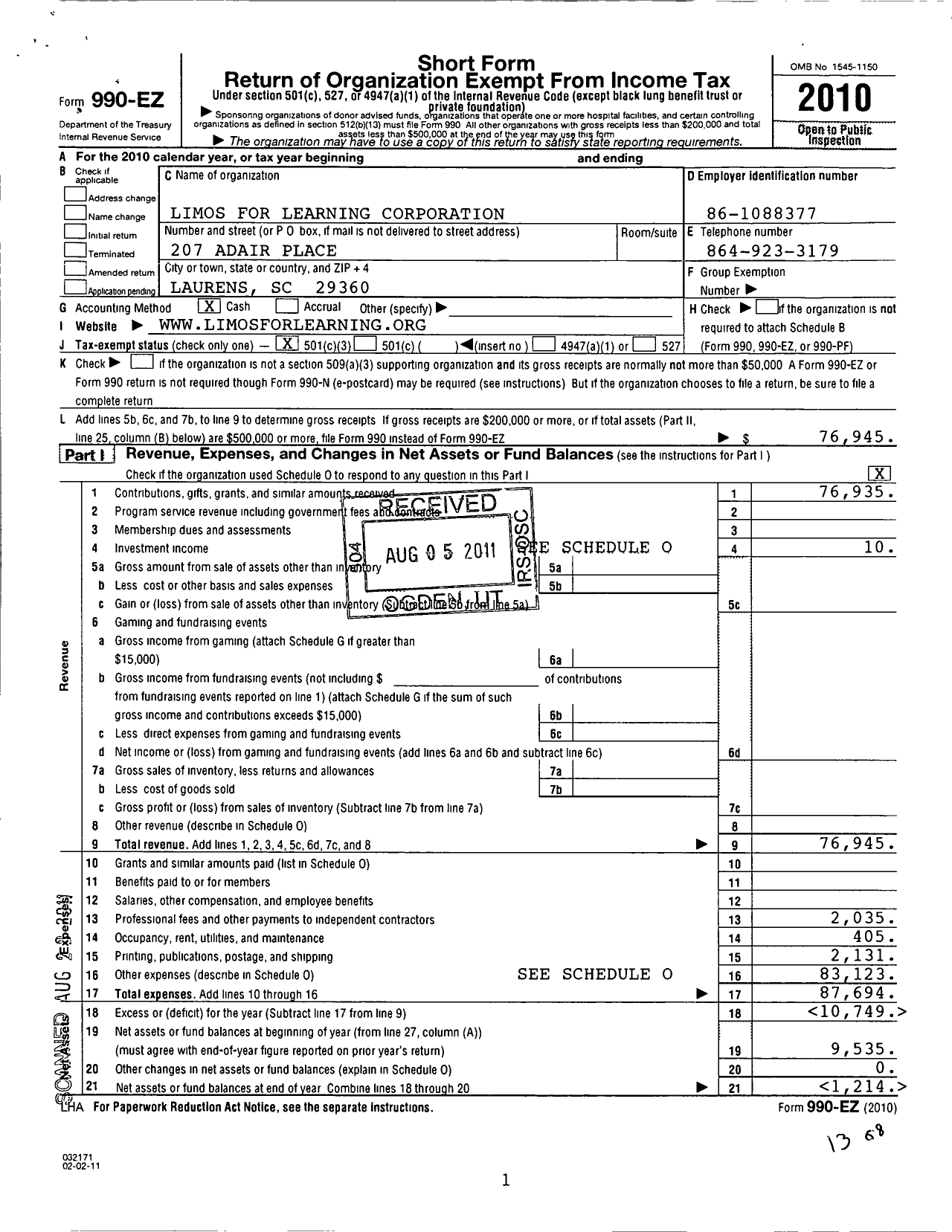 Image of first page of 2010 Form 990EZ for Limos for Learning