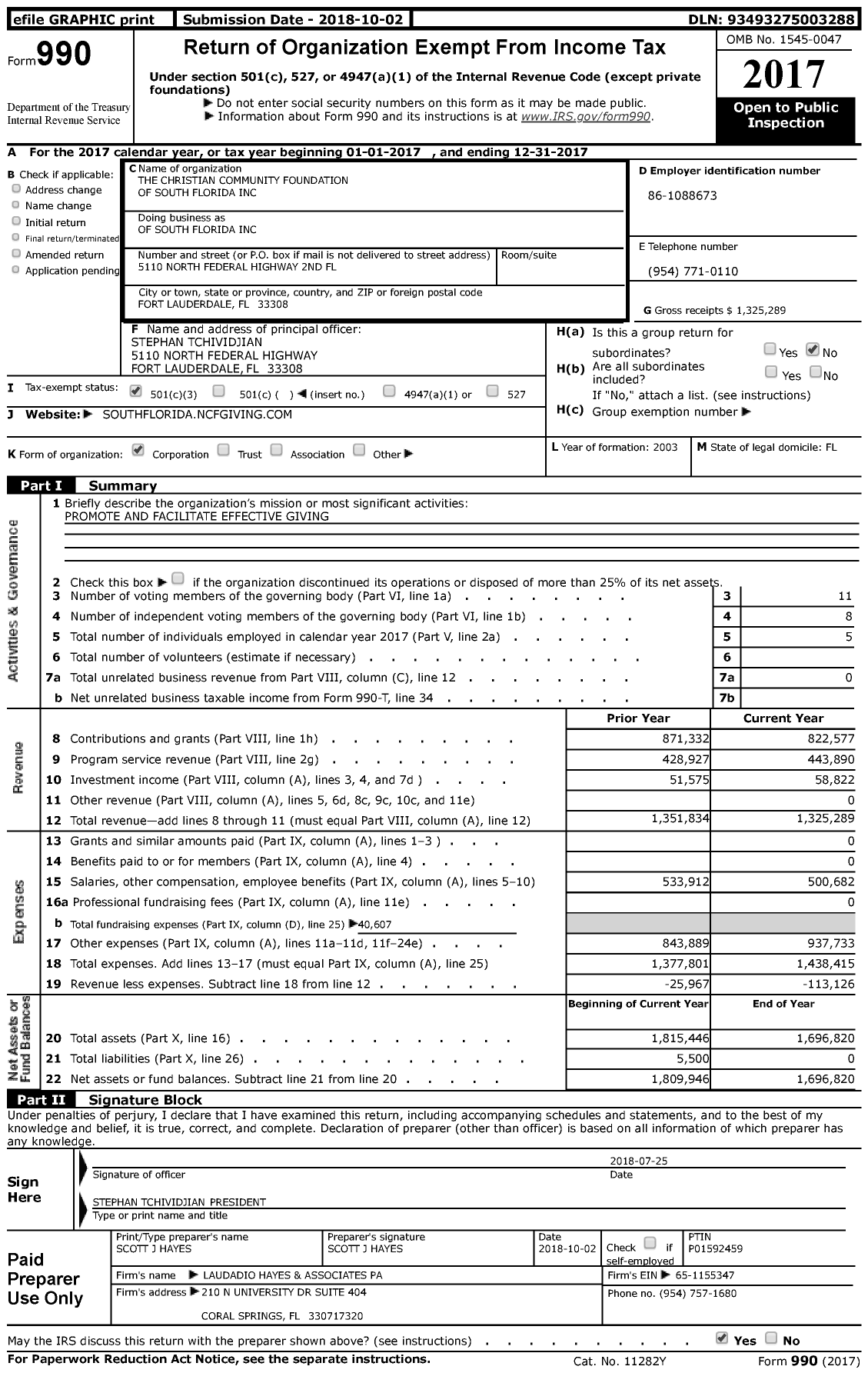 Image of first page of 2017 Form 990 for The Christian Community Association of South Florida