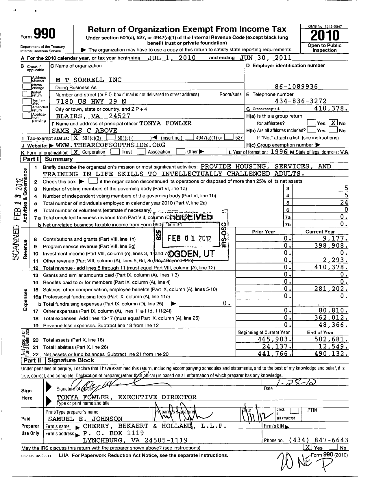 Image of first page of 2010 Form 990 for M T Sorrell