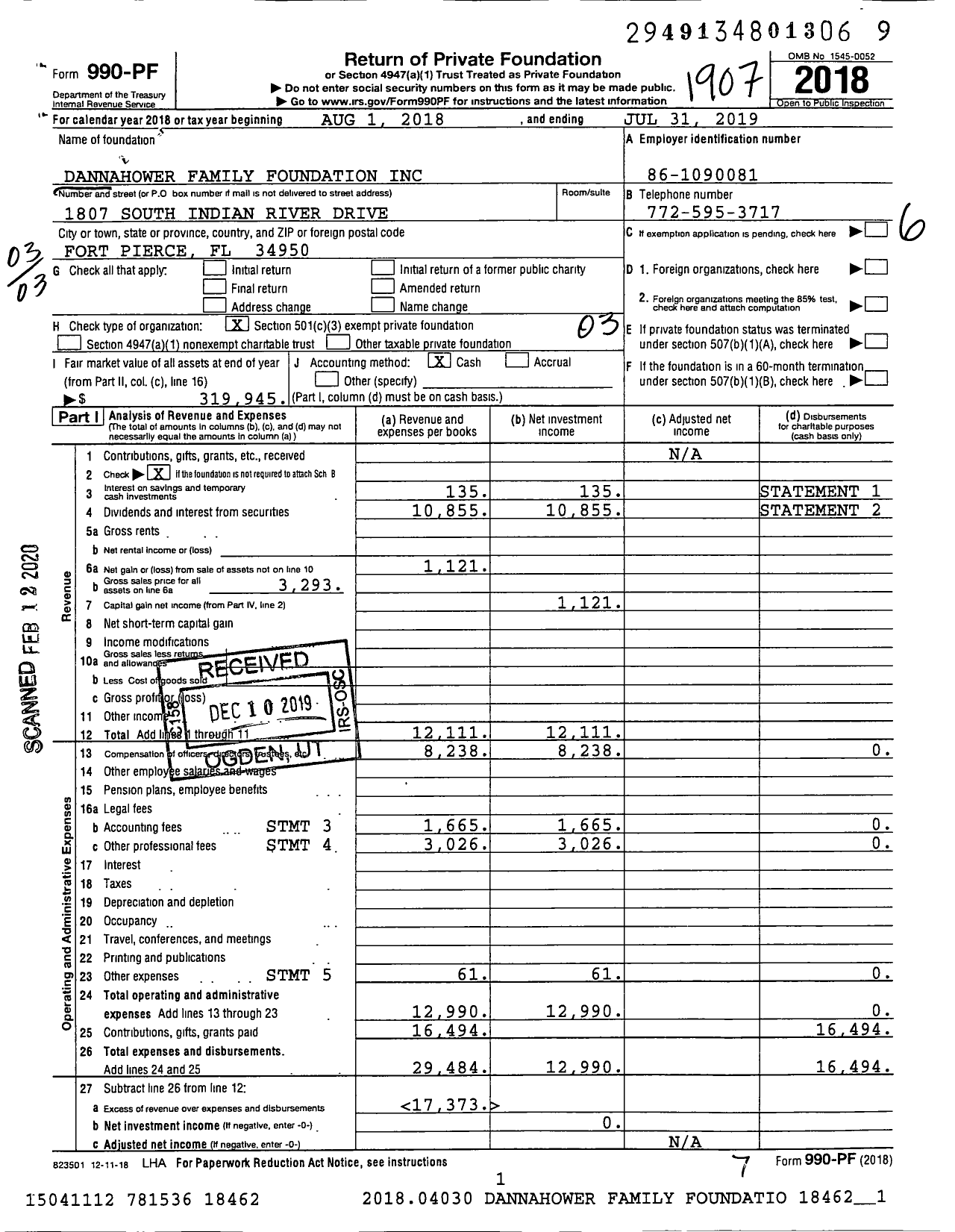 Image of first page of 2018 Form 990PF for Dannahower Family Foundation