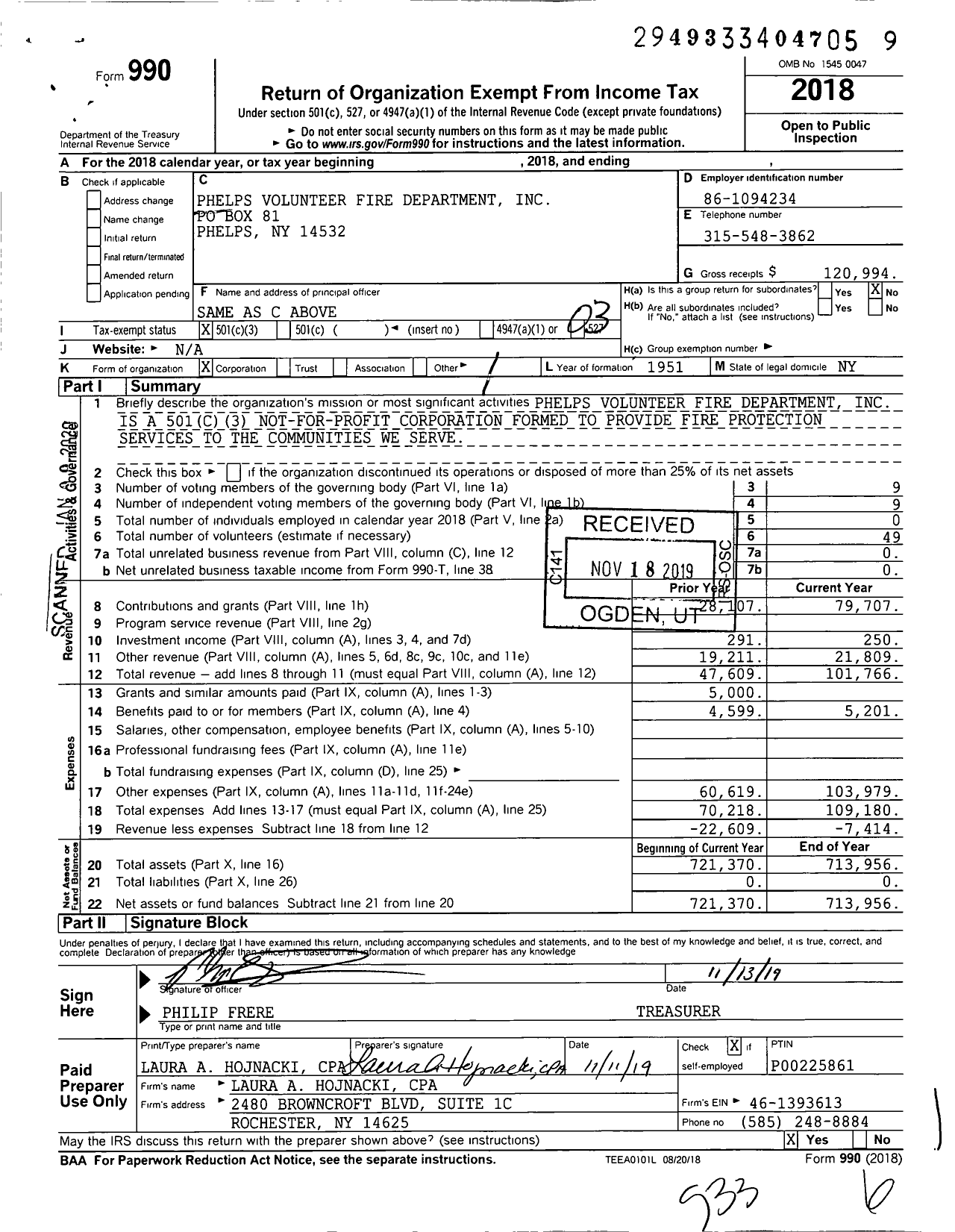 Image of first page of 2018 Form 990 for Phelps Volunteer Fire Department