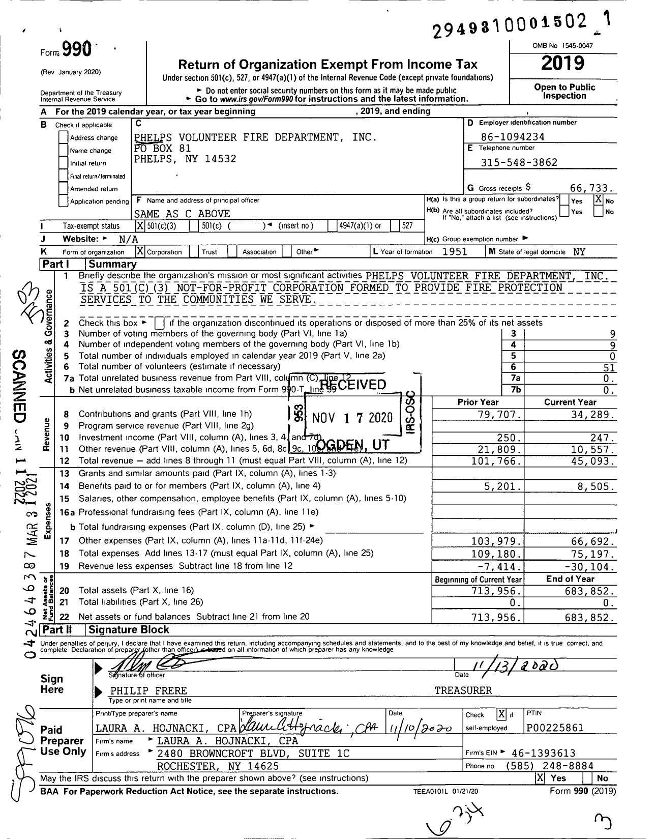 Image of first page of 2019 Form 990 for Phelps Volunteer Fire Department