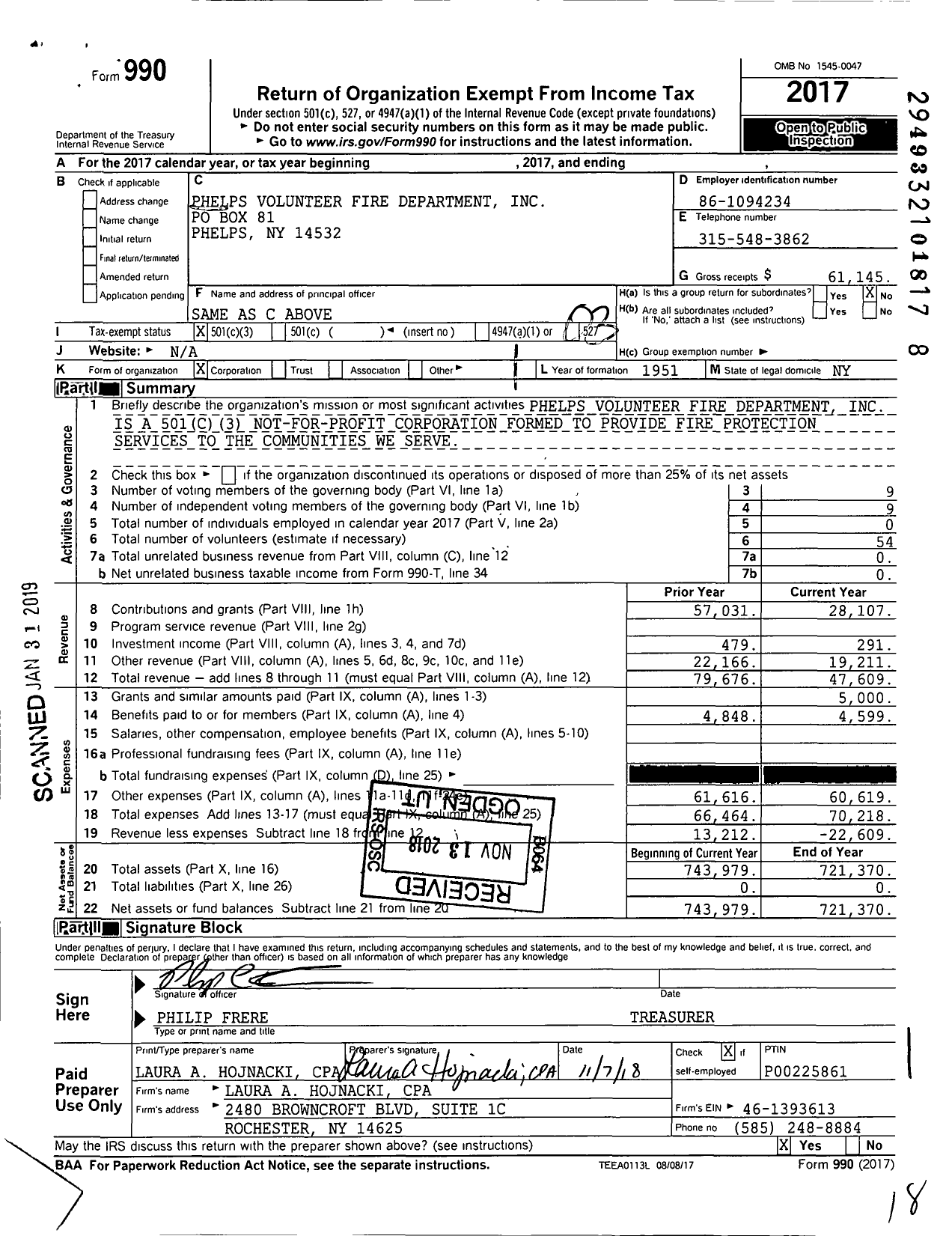 Image of first page of 2017 Form 990 for Phelps Volunteer Fire Department