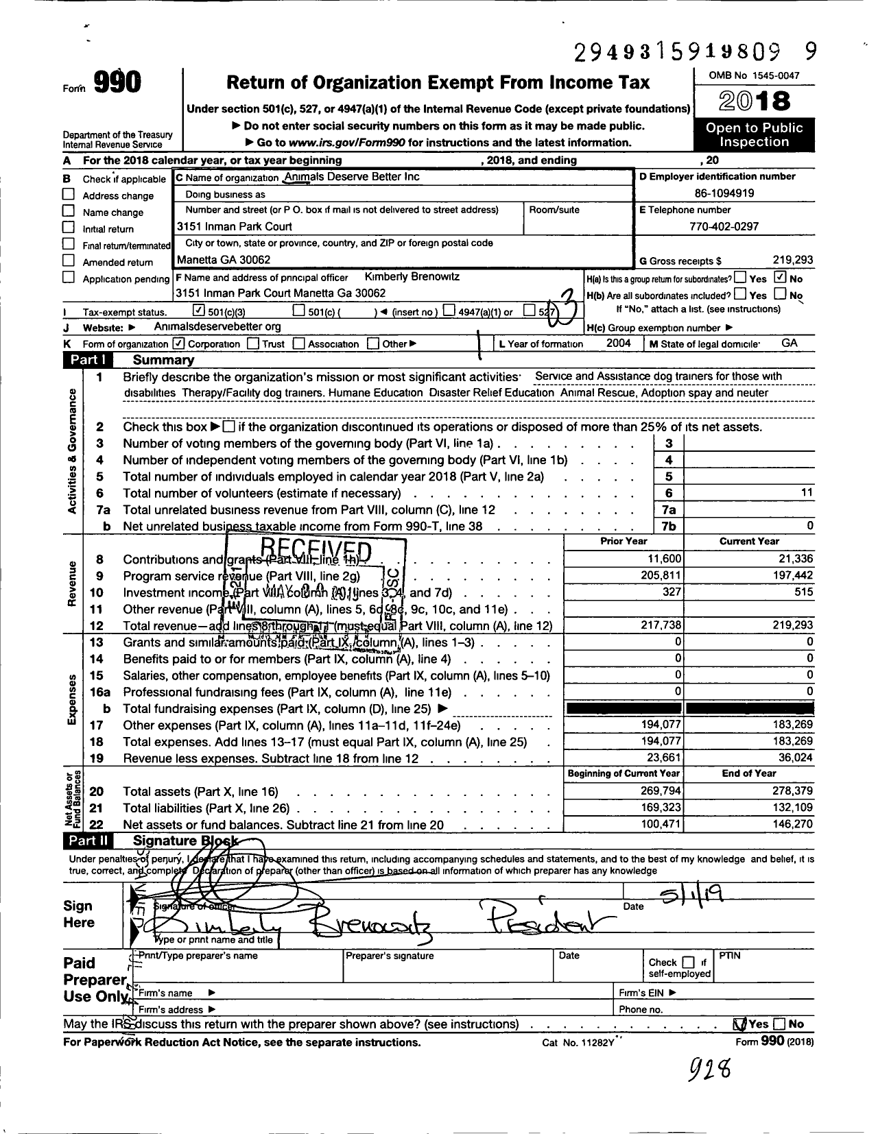 Image of first page of 2018 Form 990 for Paws for Life USA