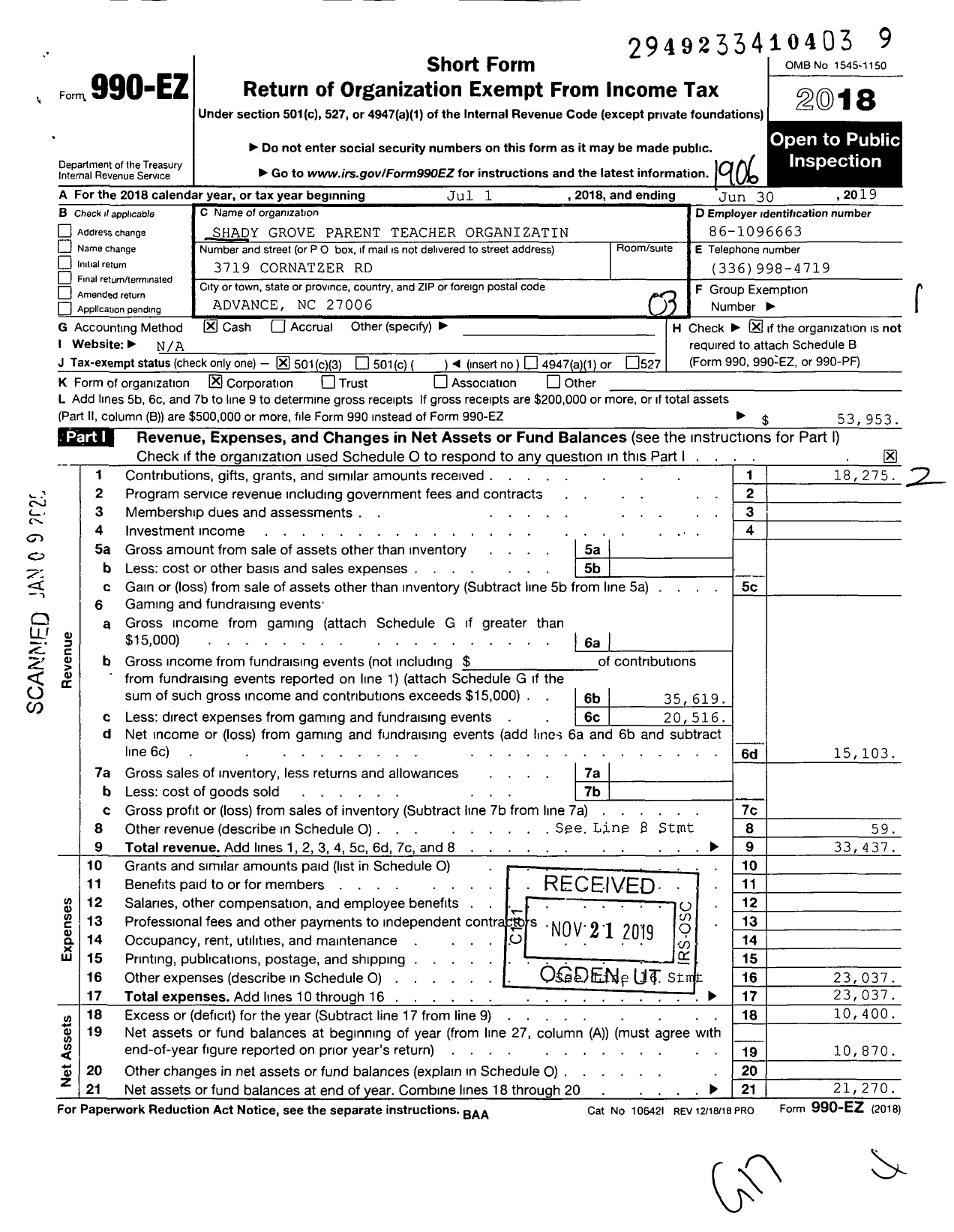 Image of first page of 2018 Form 990EZ for Shady Grove Parent Teacher Organization