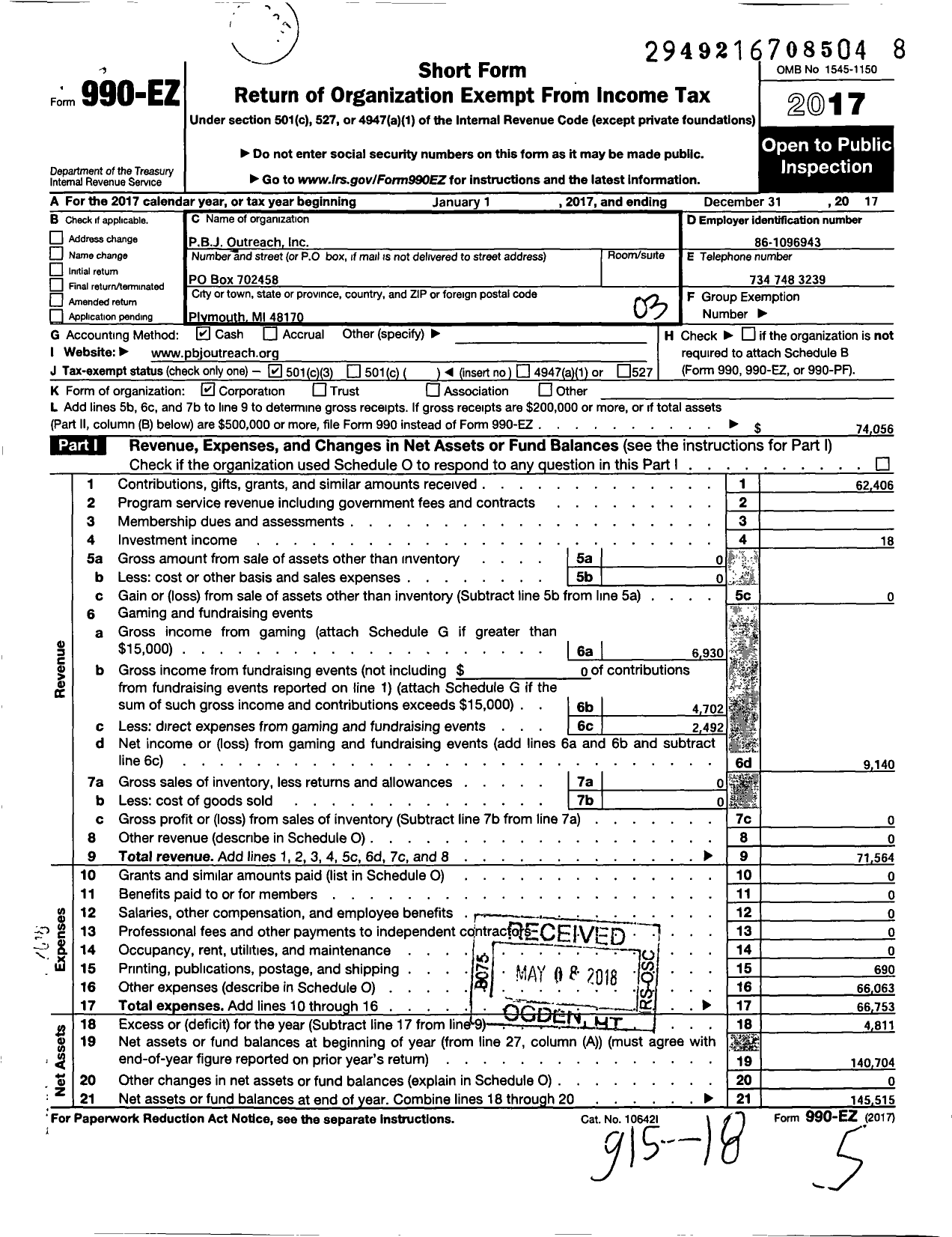 Image of first page of 2017 Form 990EZ for PBJ B J Outreach