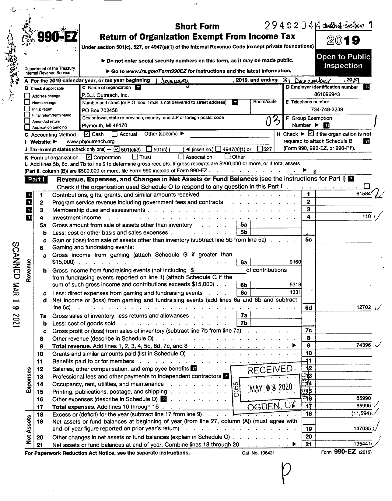 Image of first page of 2019 Form 990EZ for PBJ B J Outreach