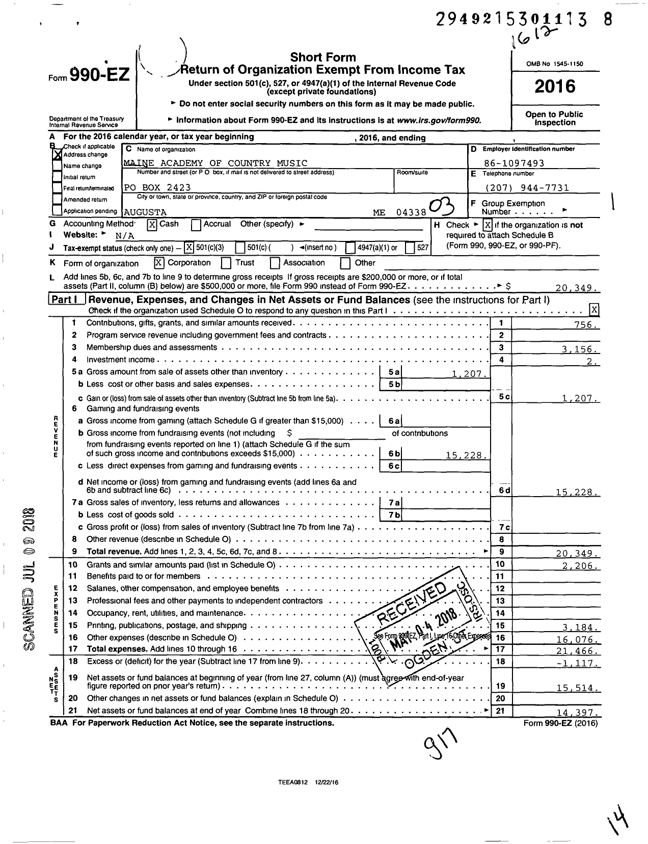 Image of first page of 2016 Form 990EZ for Maine Academey of Country Music