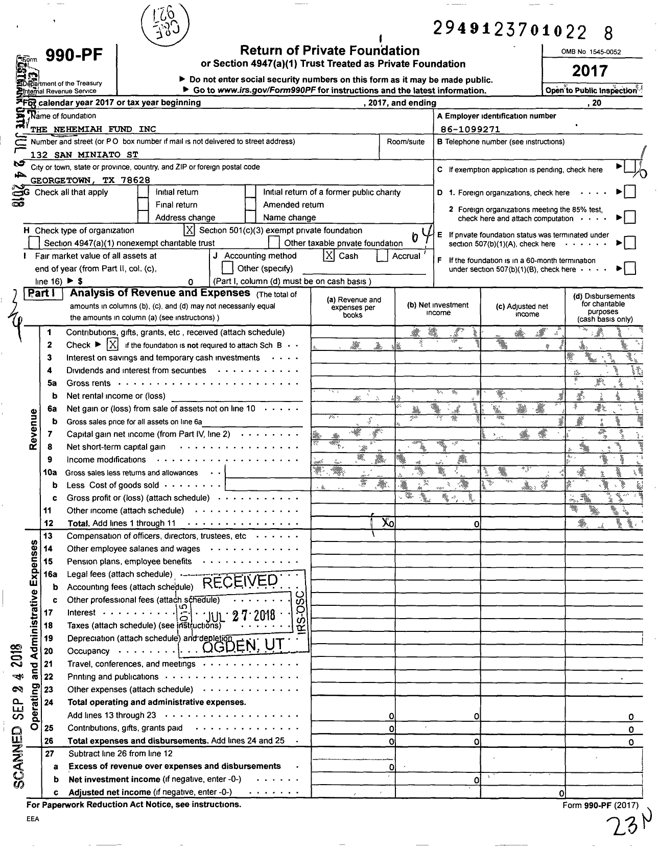 Image of first page of 2017 Form 990PF for The Nehemiah Fund