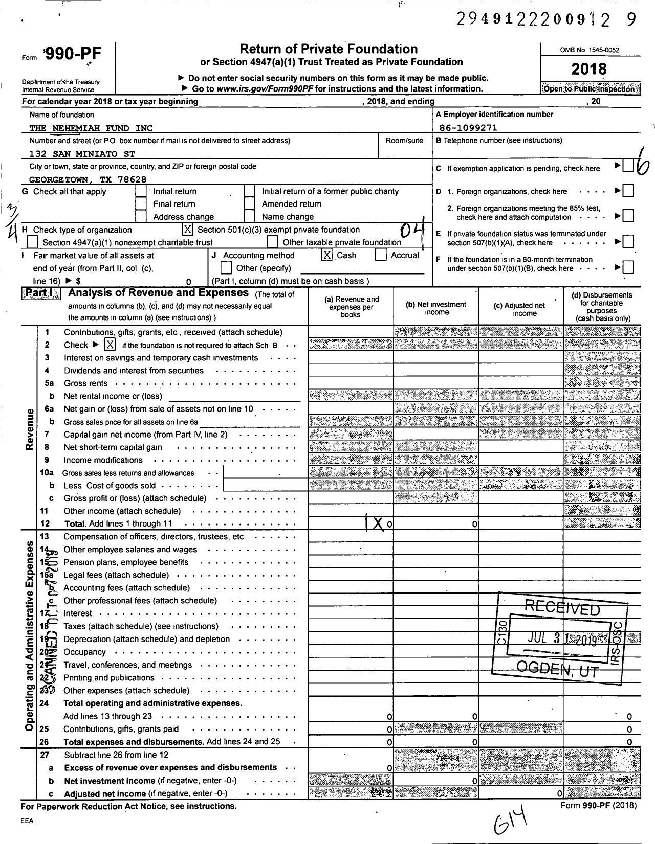 Image of first page of 2018 Form 990PF for The Nehemiah Fund