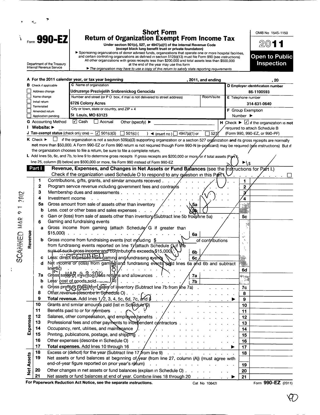 Image of first page of 2011 Form 990EZ for Association of Survivors of the Srebrenica Genocide