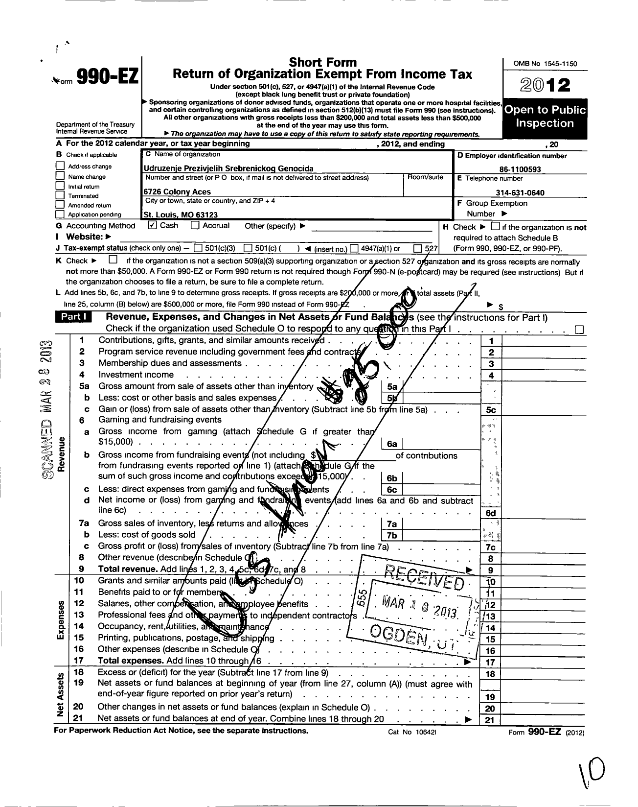 Image of first page of 2012 Form 990EO for Association of Survivors of the Srebrenica Genocide