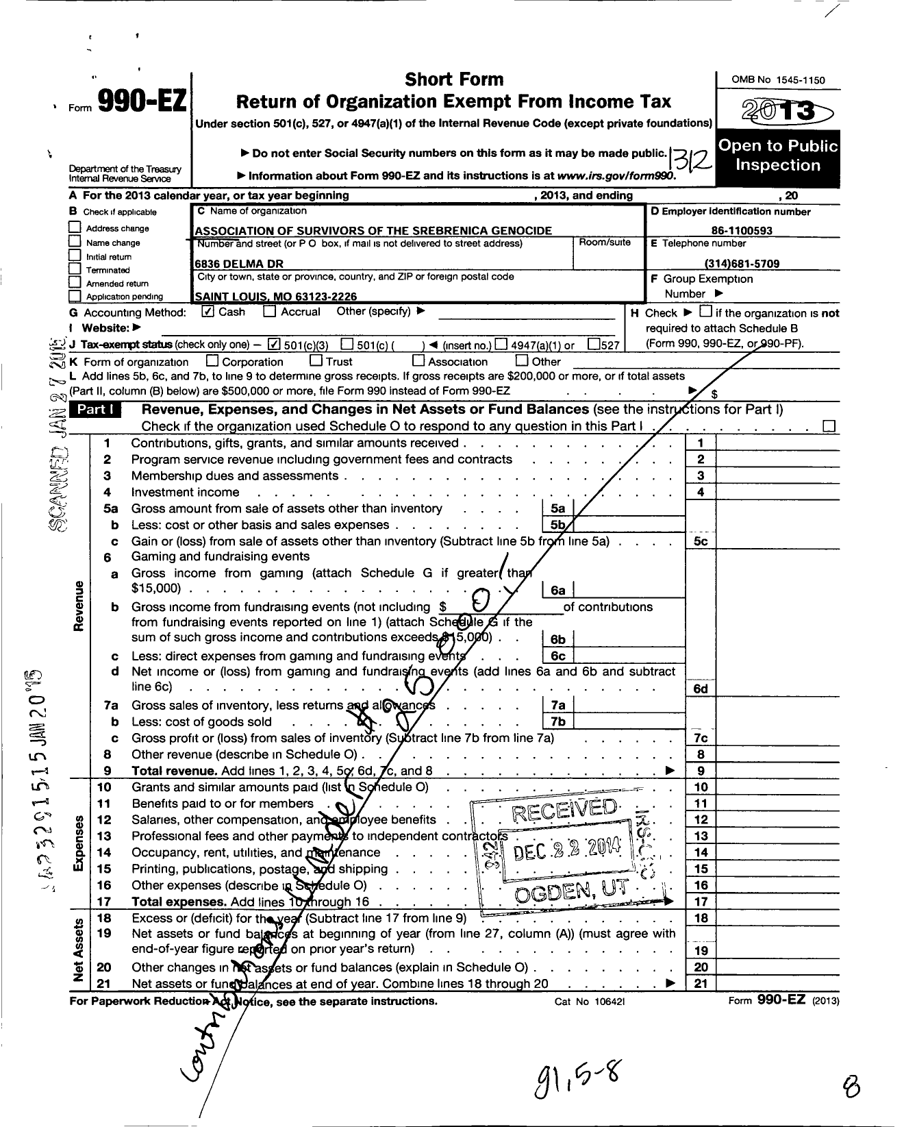 Image of first page of 2013 Form 990EZ for Association of Survivors of the Srebrenica Genocide