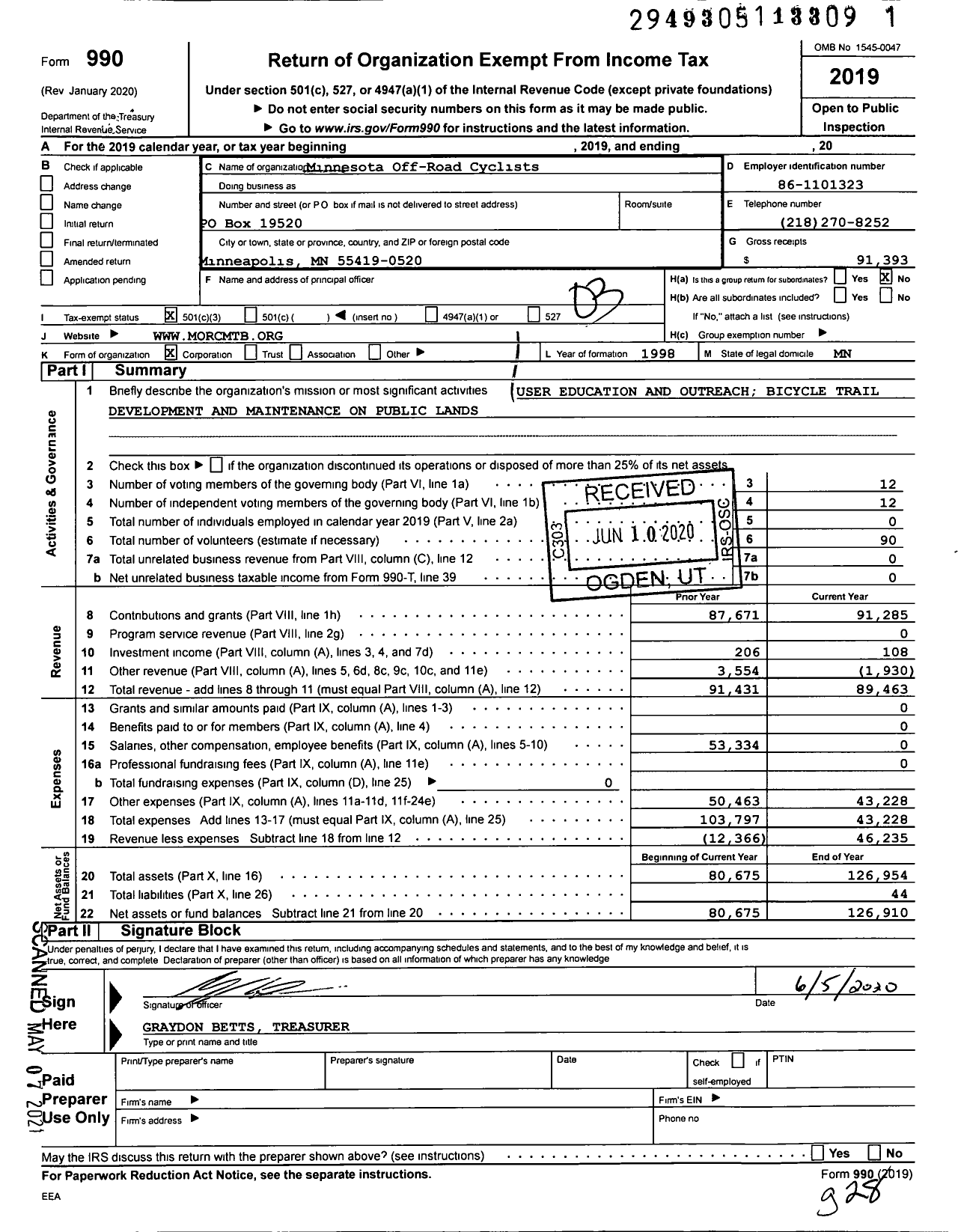 Image of first page of 2019 Form 990 for Minnesota Off Road Cyclists-Morc