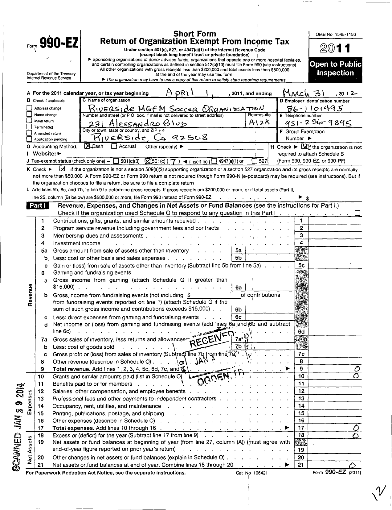 Image of first page of 2011 Form 990EO for Riverside MGFM Soccer Organization