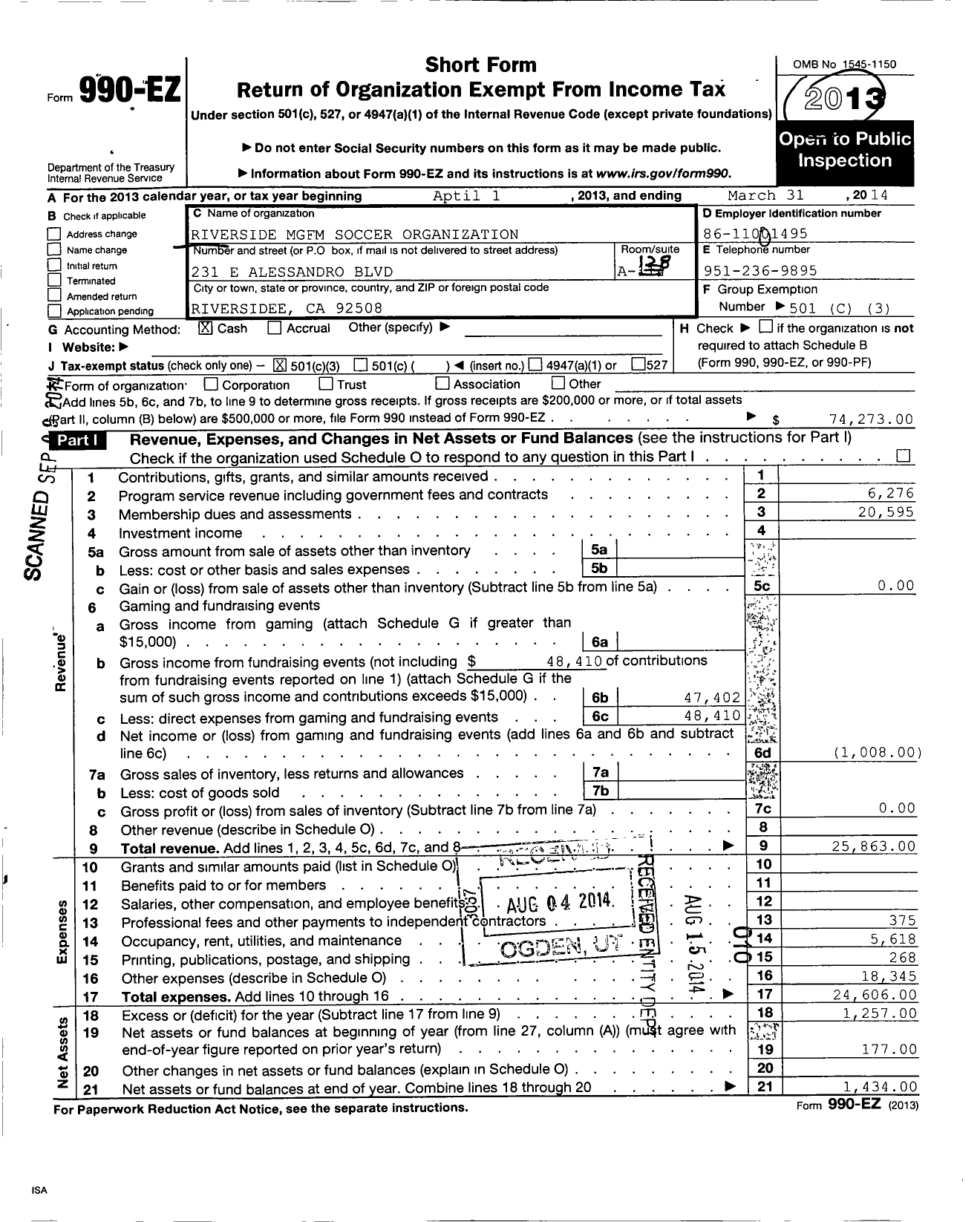 Image of first page of 2013 Form 990EZ for Riverside MGFM Soccer Organization