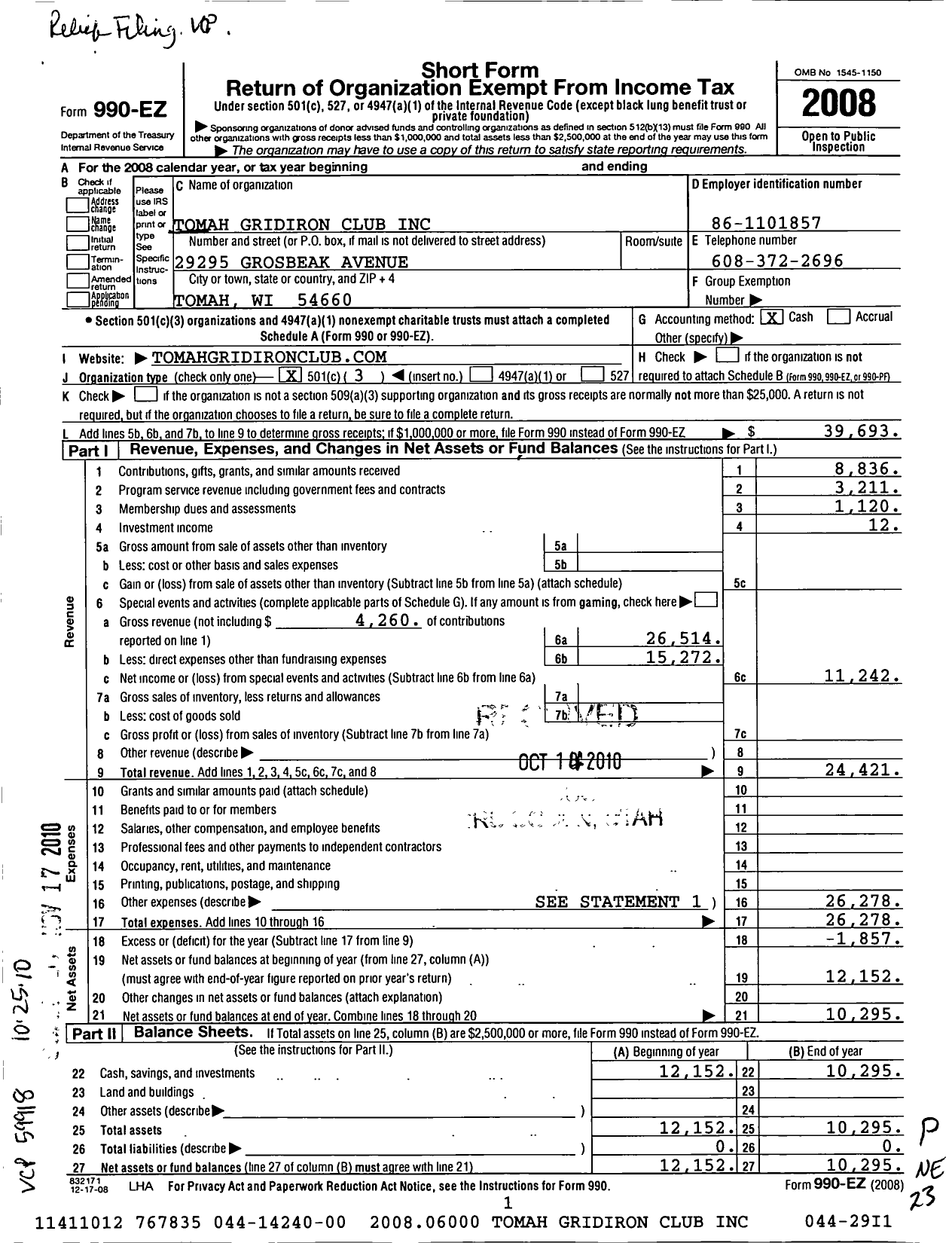 Image of first page of 2008 Form 990EZ for Tomah Gridiron Club