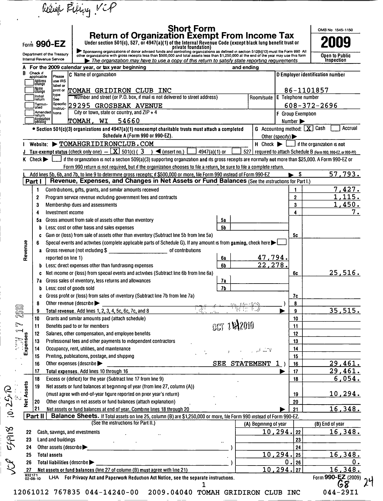 Image of first page of 2009 Form 990EZ for Tomah Gridiron Club