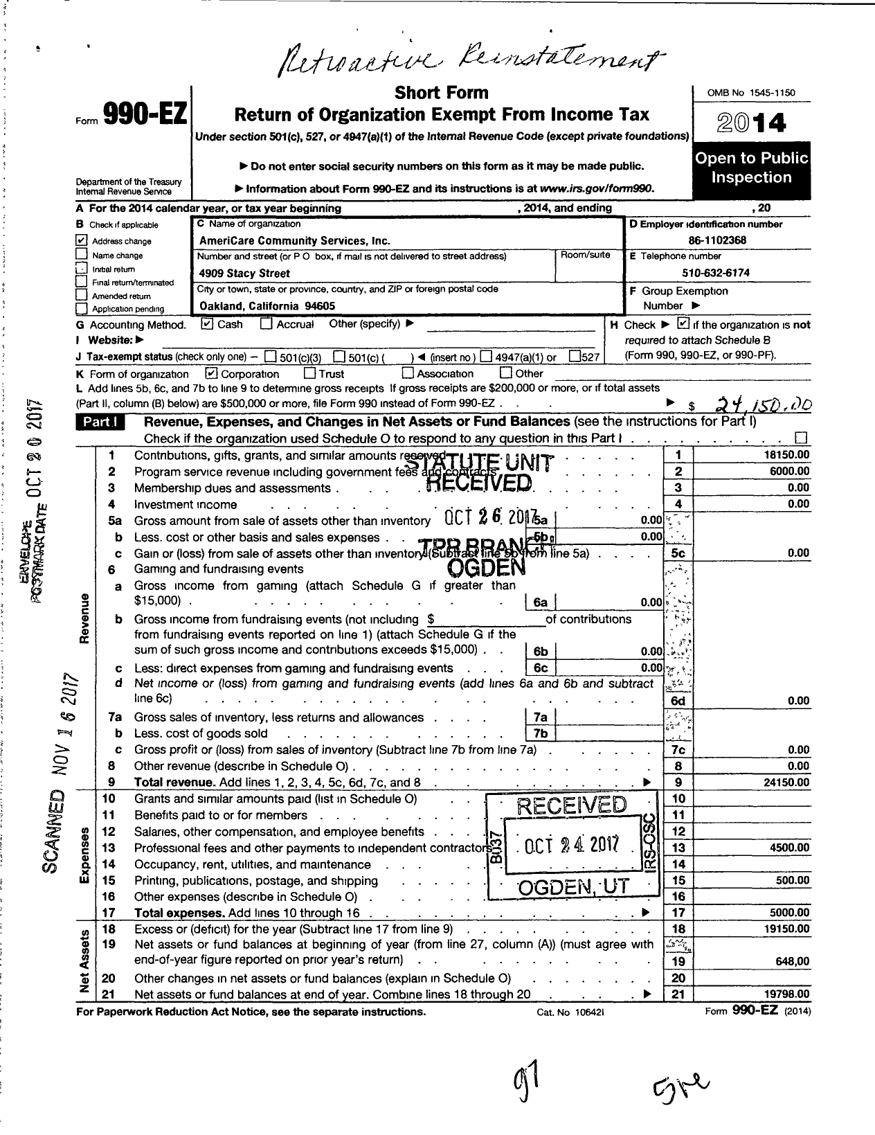 Image of first page of 2014 Form 990EO for Americare Community Services