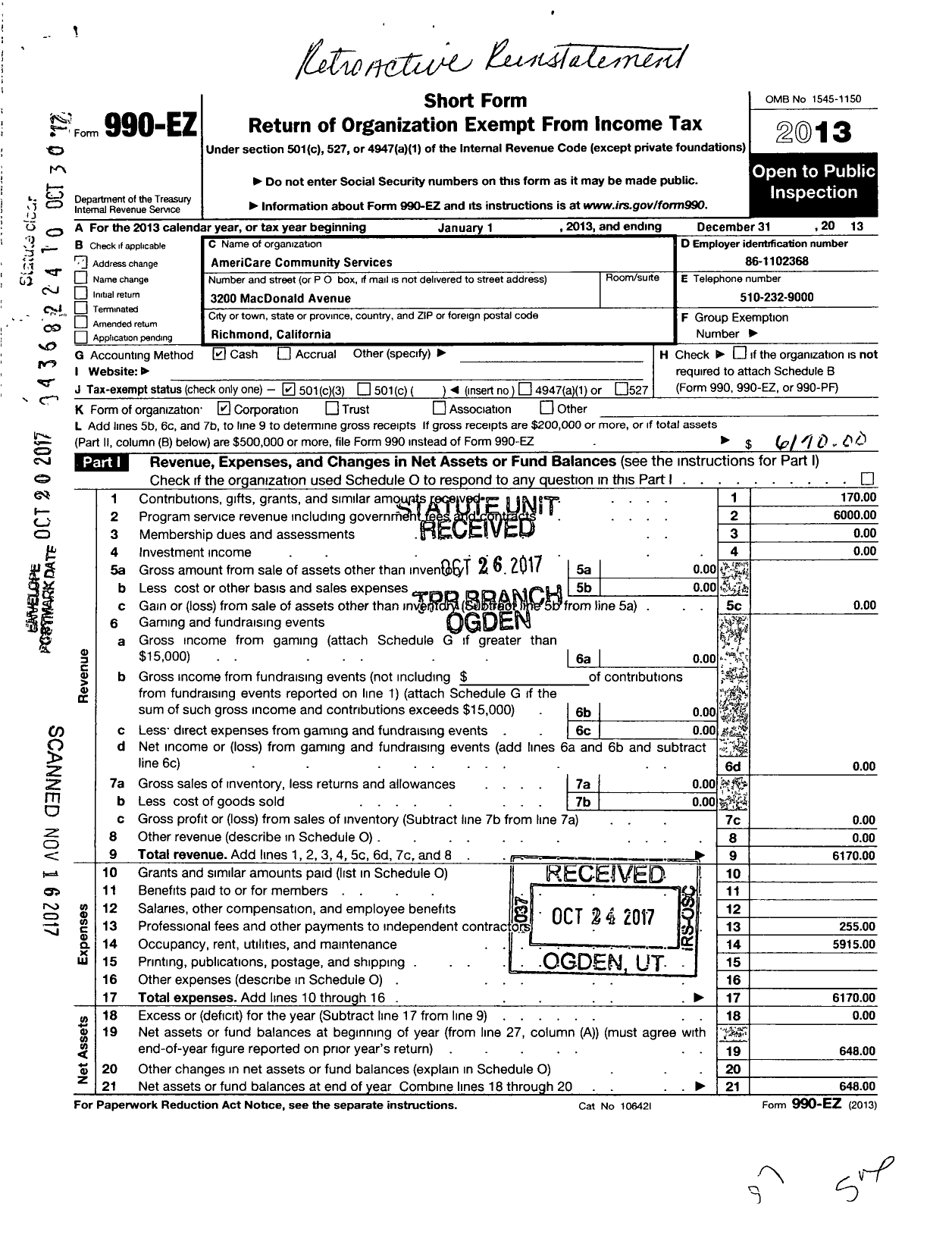 Image of first page of 2013 Form 990EZ for Americare Community Services