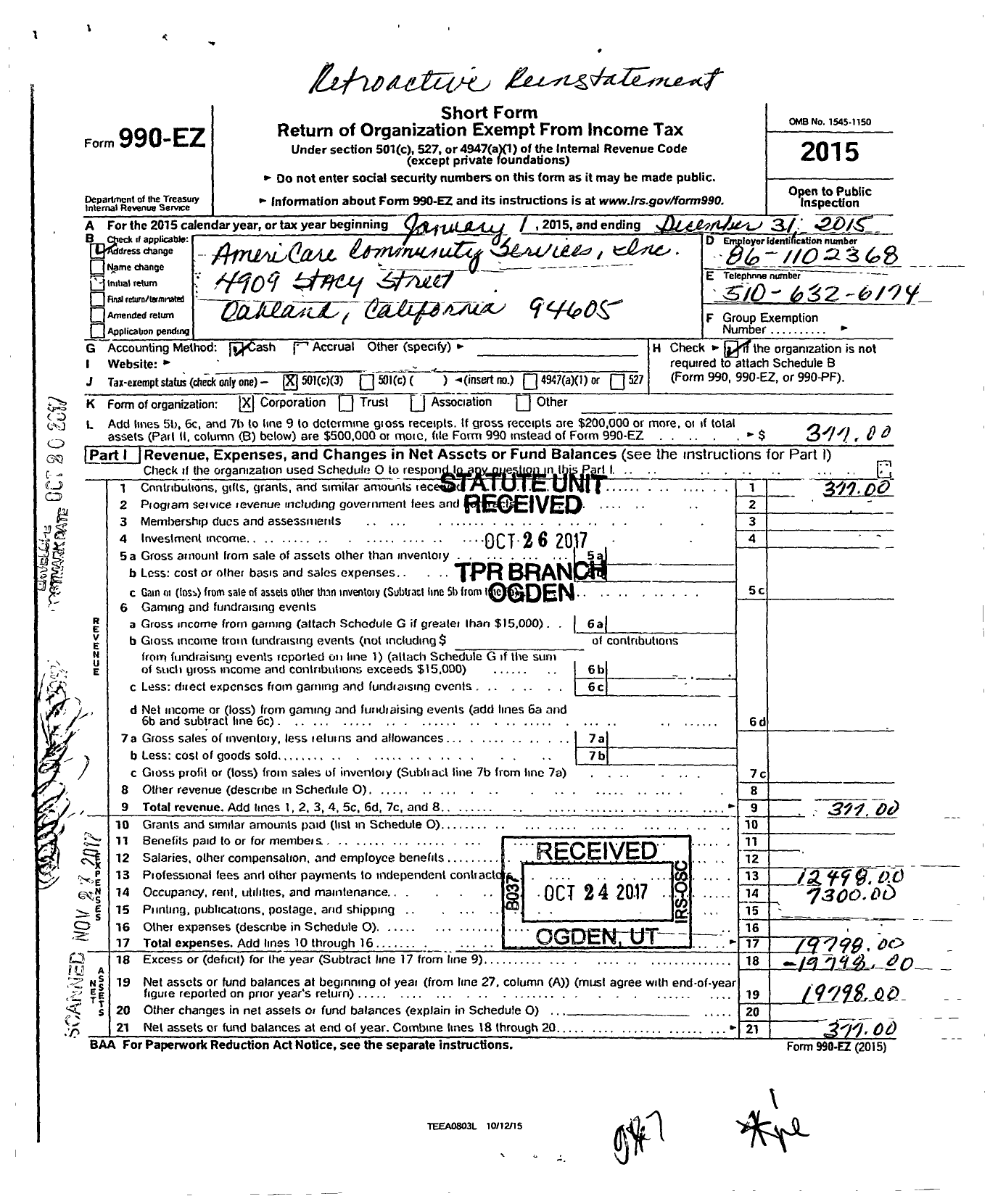 Image of first page of 2015 Form 990EZ for Americare Community Services