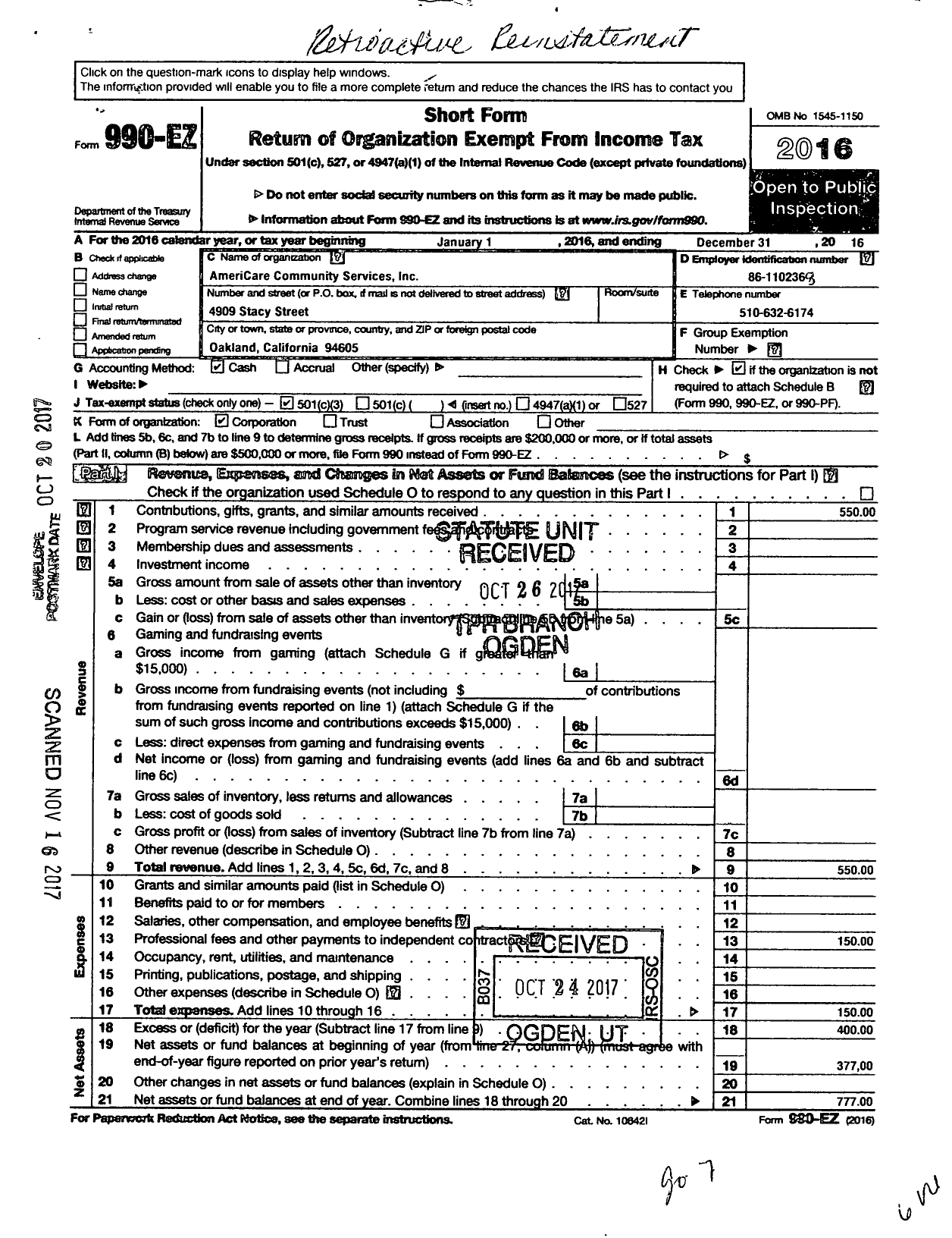 Image of first page of 2016 Form 990EZ for Americare Community Services