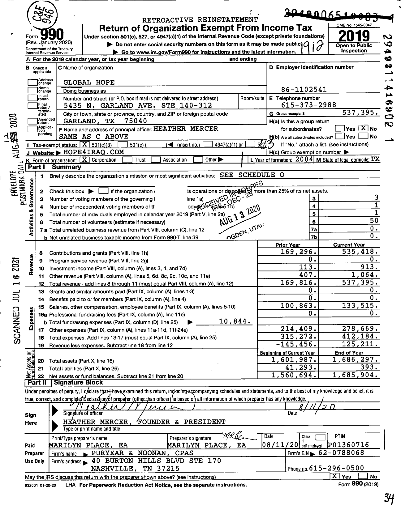 Image of first page of 2019 Form 990 for Global Hope