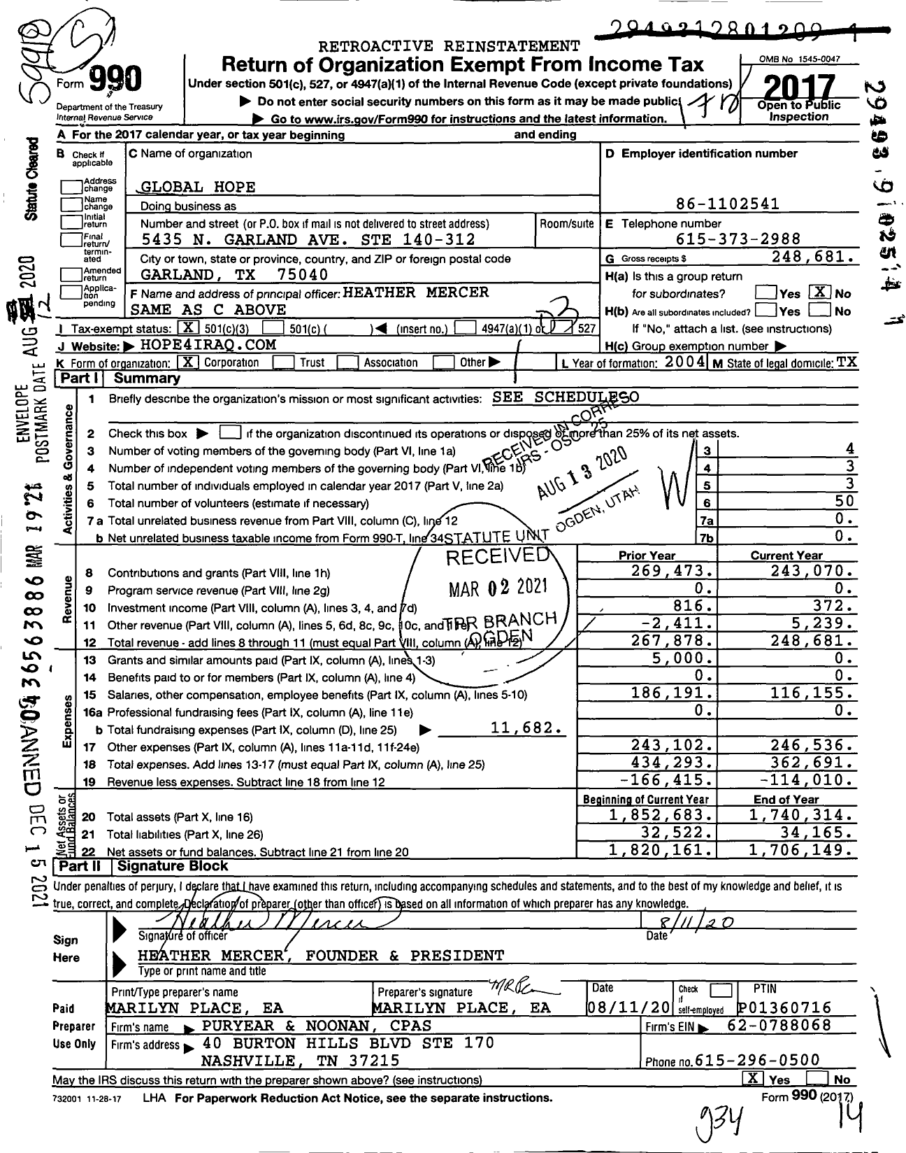 Image of first page of 2017 Form 990 for Global Hope
