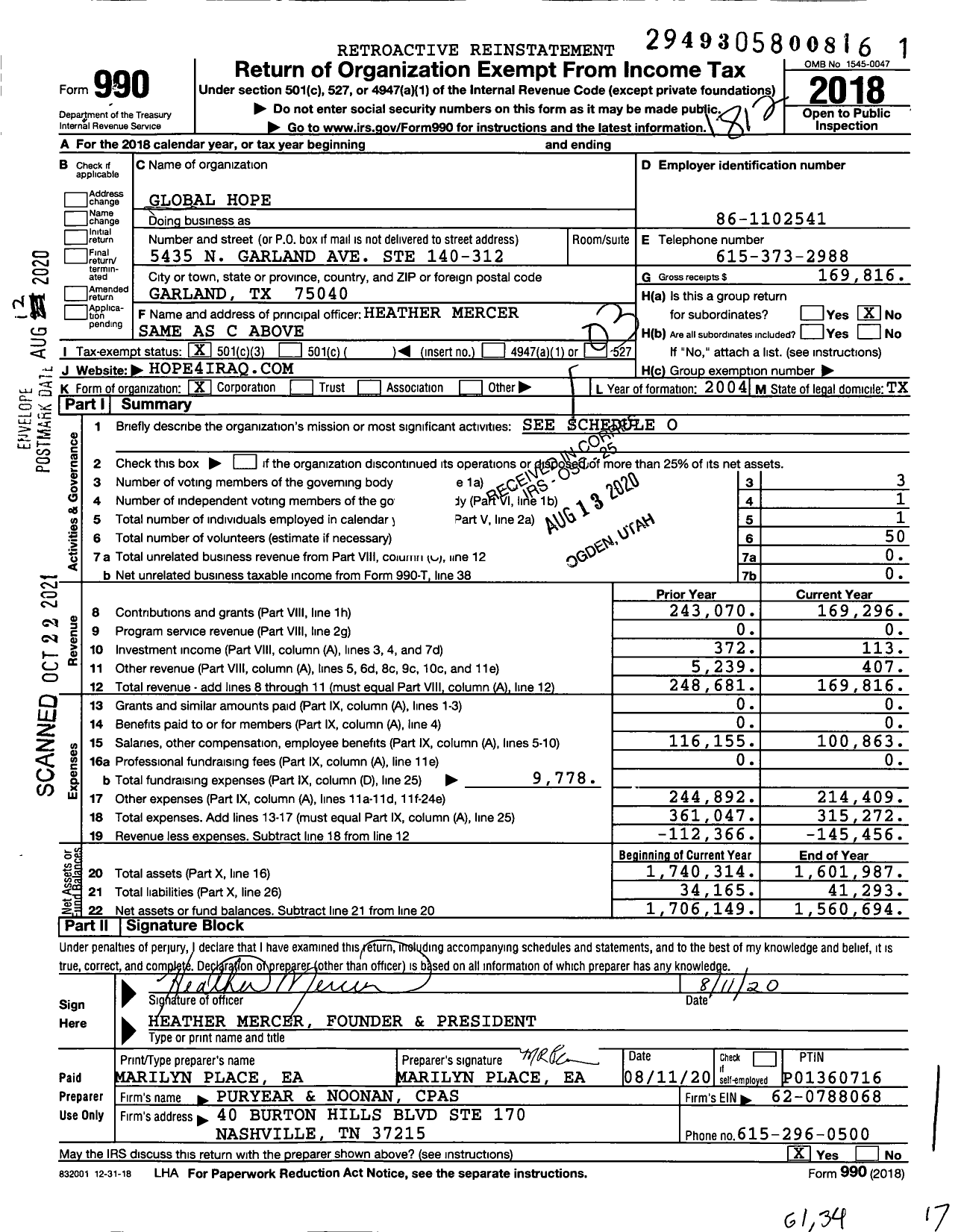 Image of first page of 2018 Form 990 for Global Hope