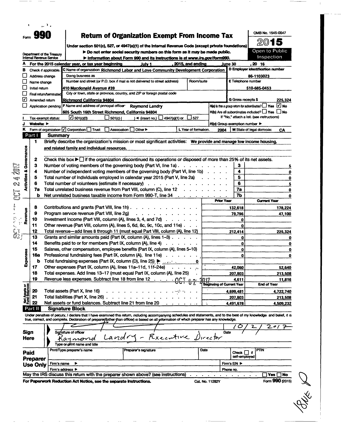 Image of first page of 2015 Form 990 for Richmond Labor and Love Community Development Corporation