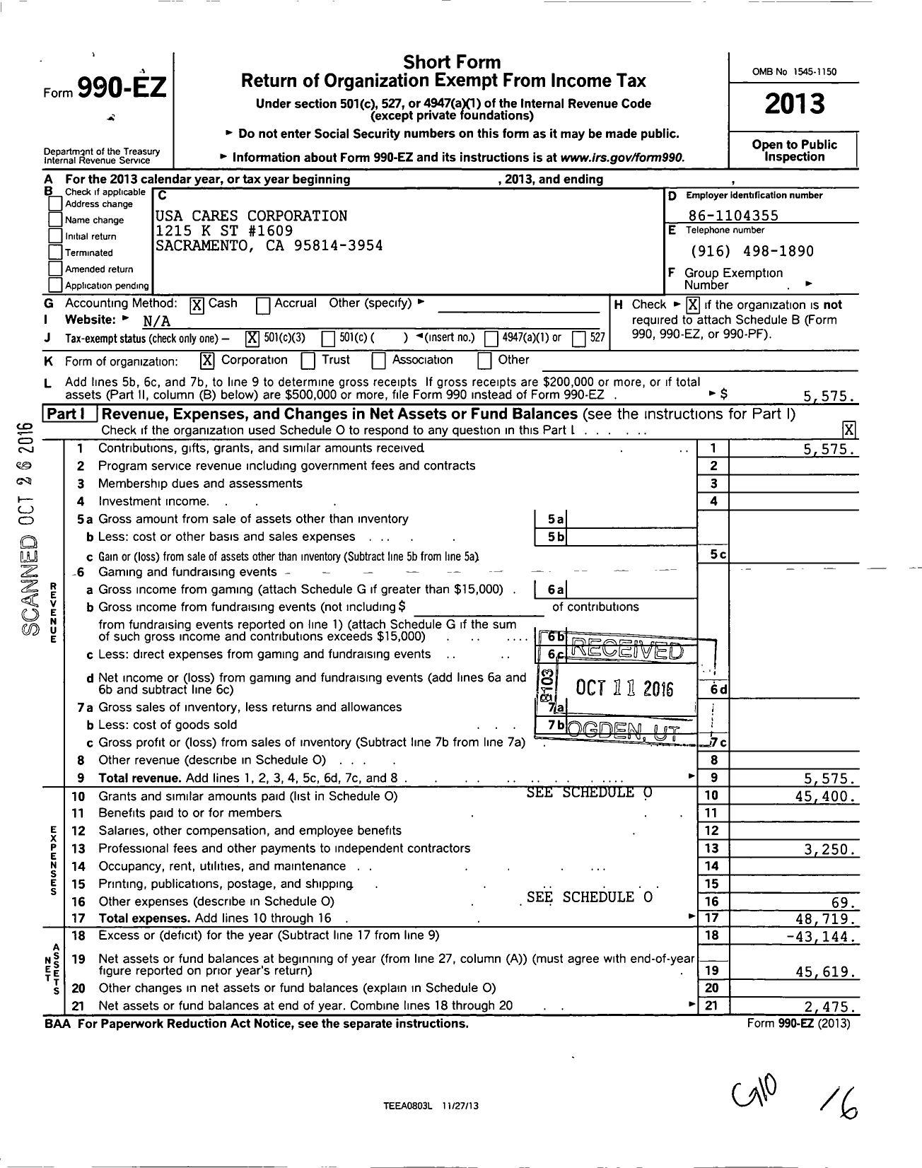 Image of first page of 2013 Form 990EZ for USA Cares Corporation