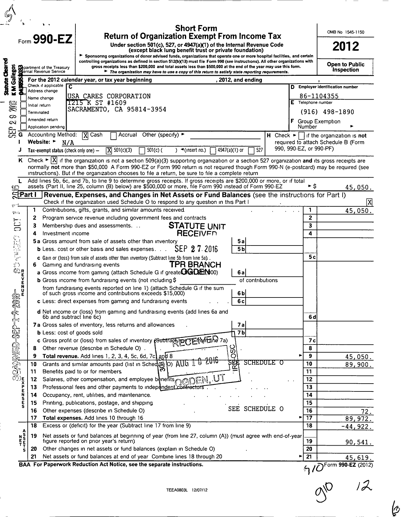 Image of first page of 2012 Form 990EZ for USA Cares Corporation