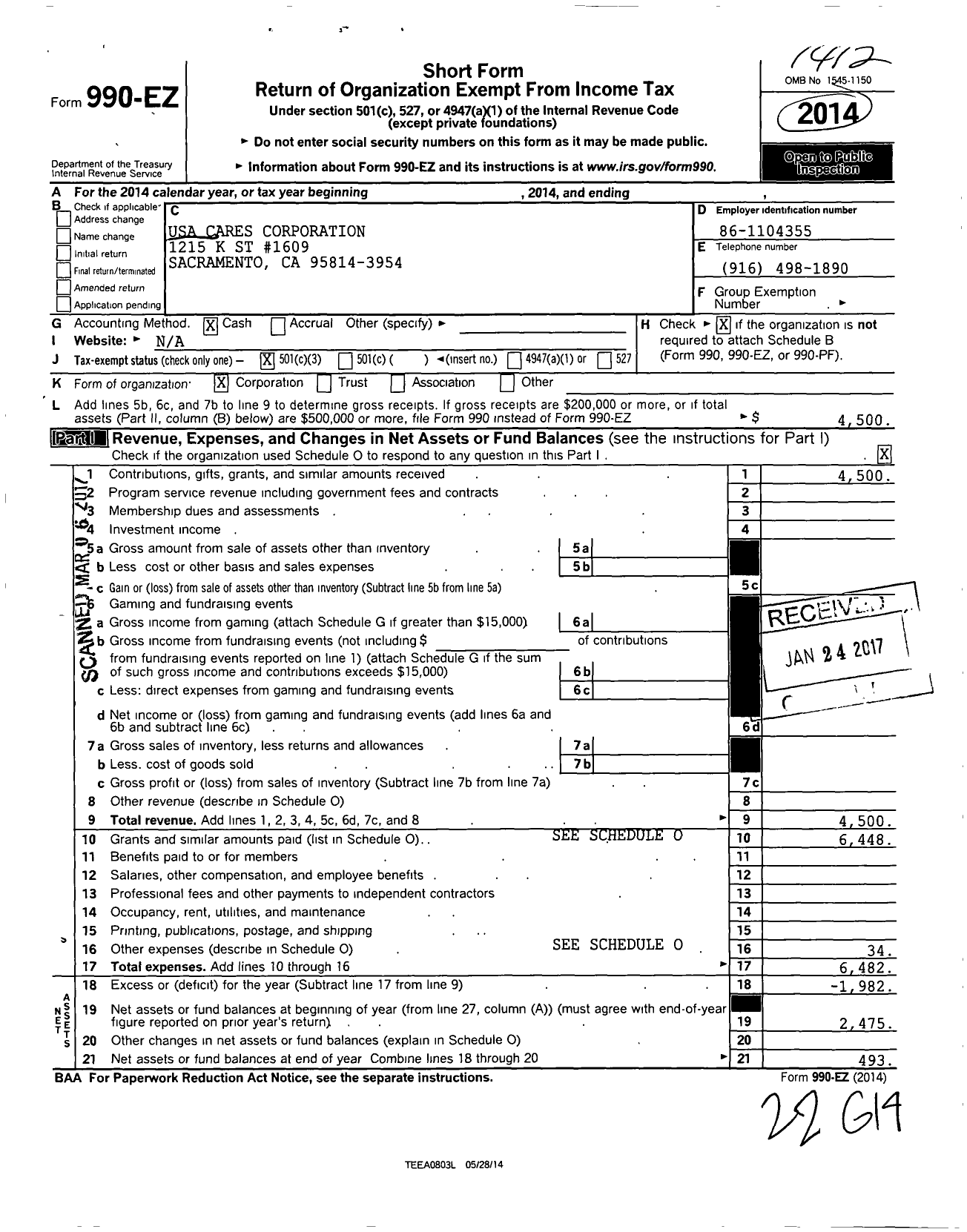 Image of first page of 2014 Form 990EZ for USA Cares Corporation